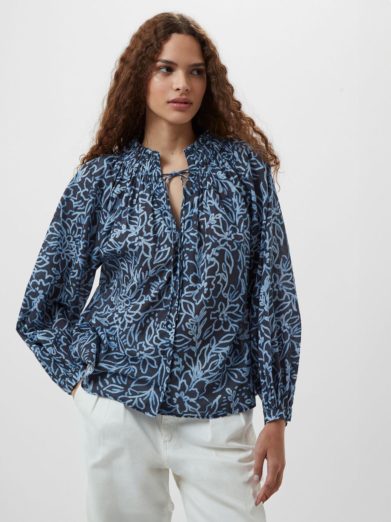 undefined Cotton Long Sleeve Floral Print Tie Blouse