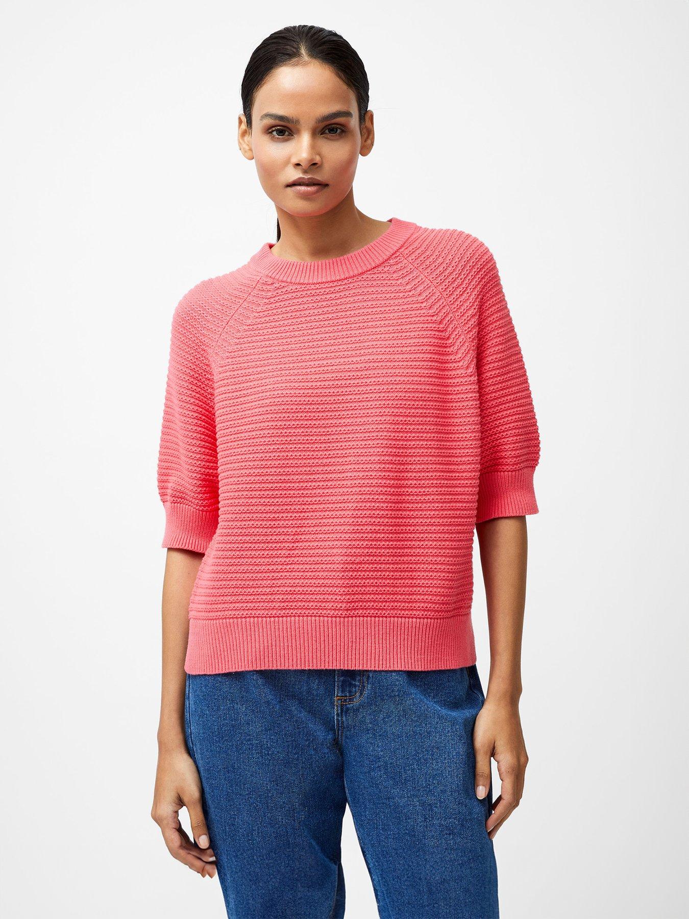 undefined Cotton Knit Round Neck Short Sleeve Top With Split Hem
