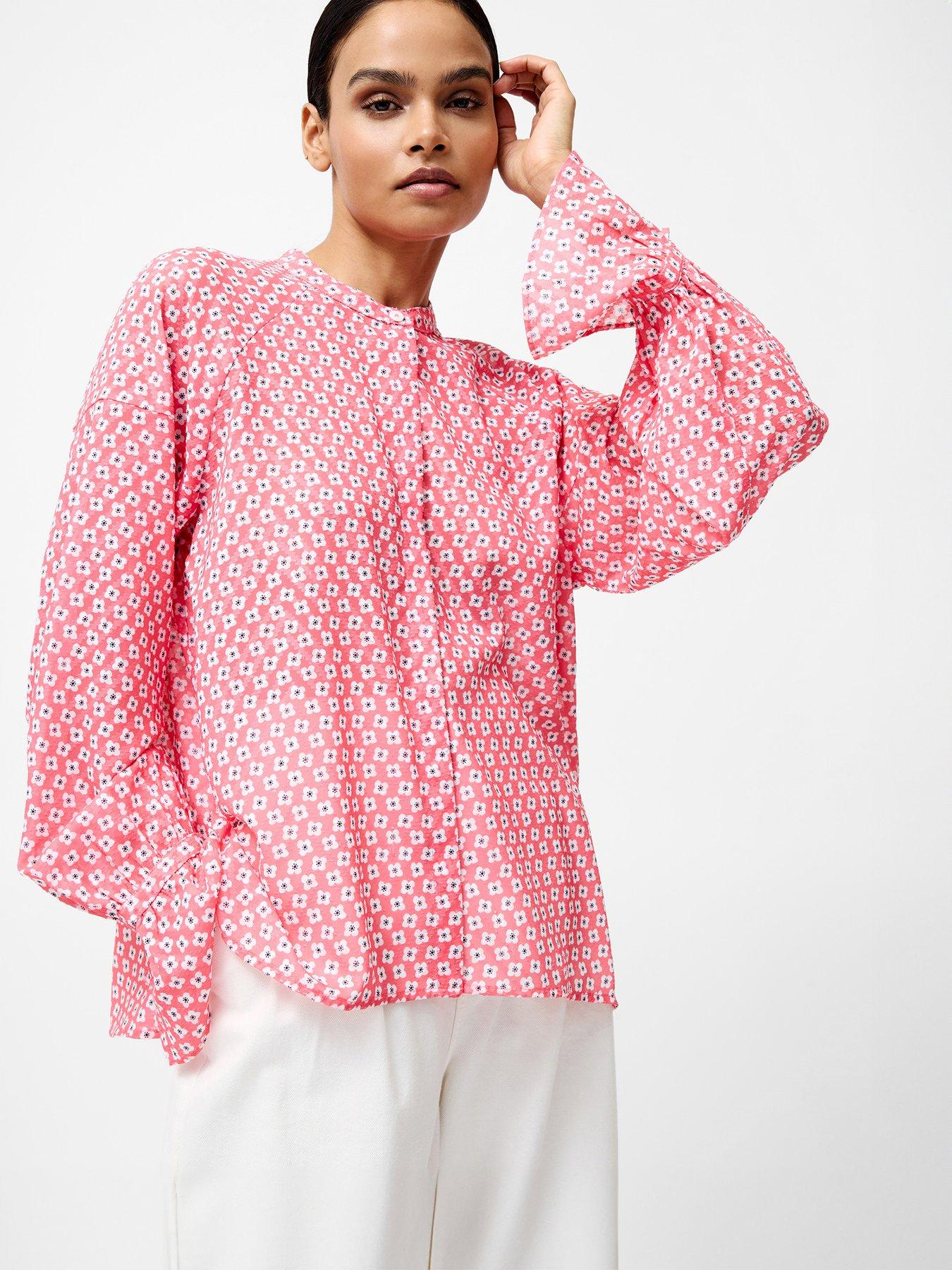 undefined Printed Grandad Collar Long Sleeve Blouse - Pink