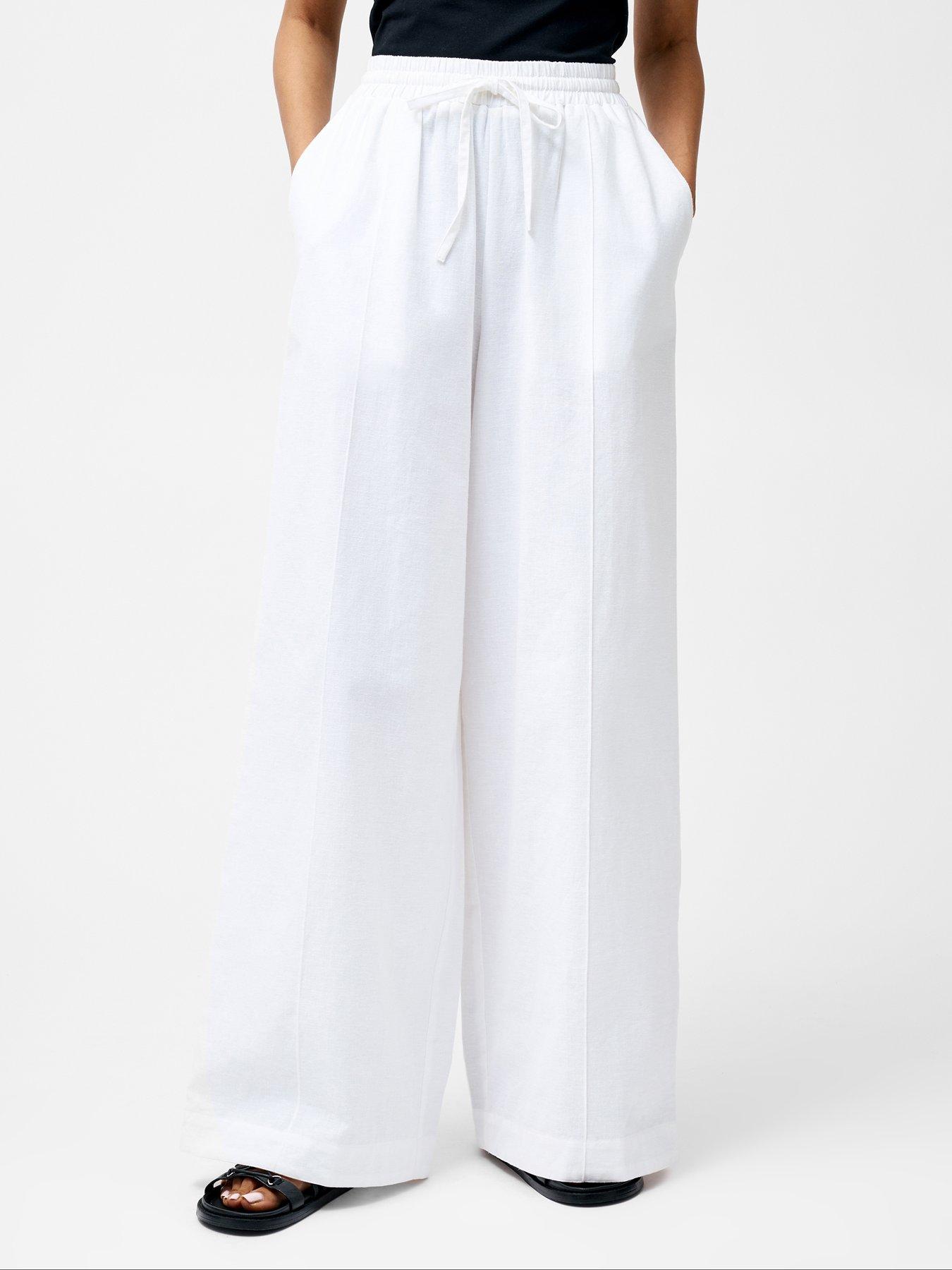 undefined Cotton Linen Blend Relaxed Fit Wide Leg Trousers with Drawcord