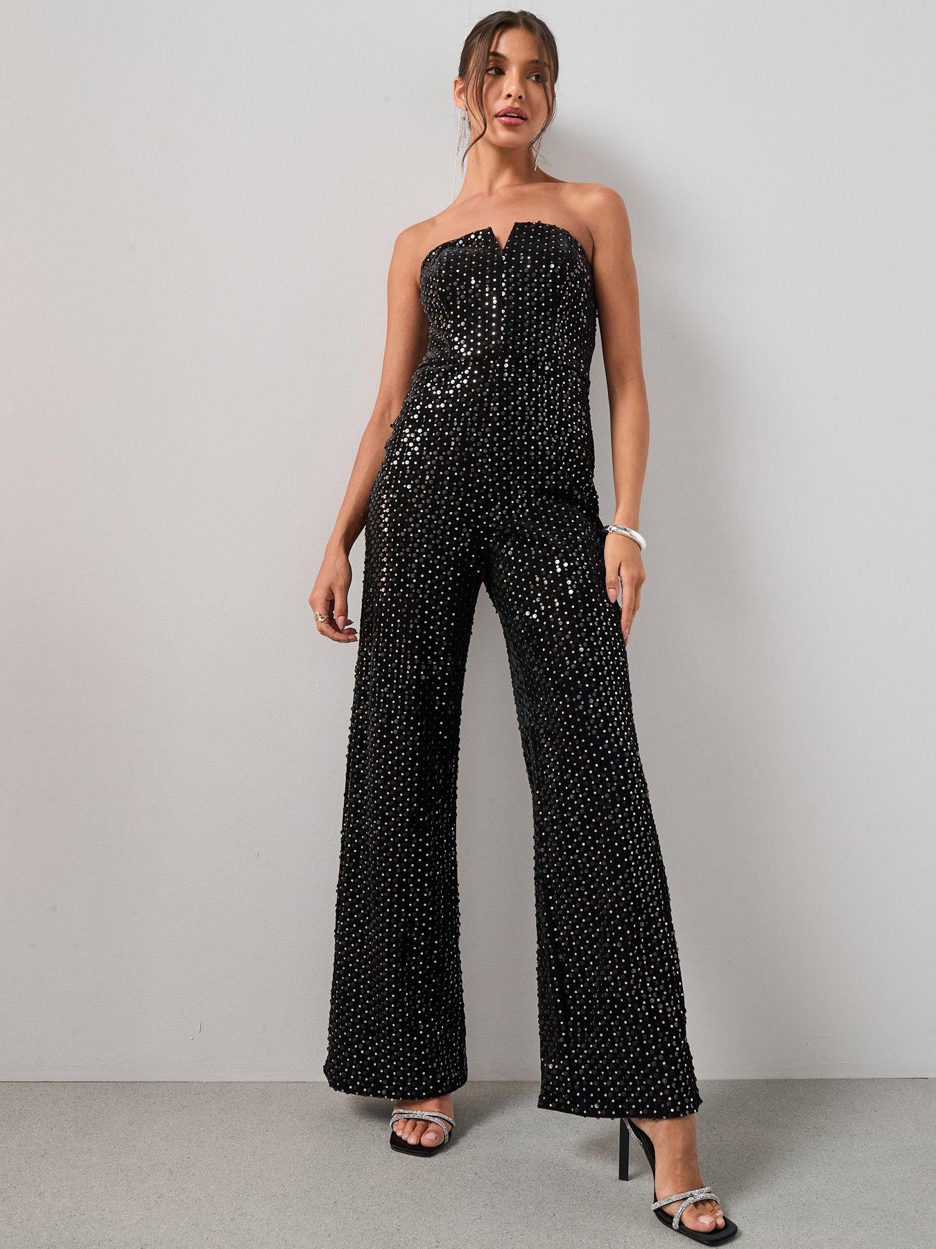 Image 2 of 7 of The Very Collection X Carol Byrne Bandeau Sequin Jumpsuit - Black