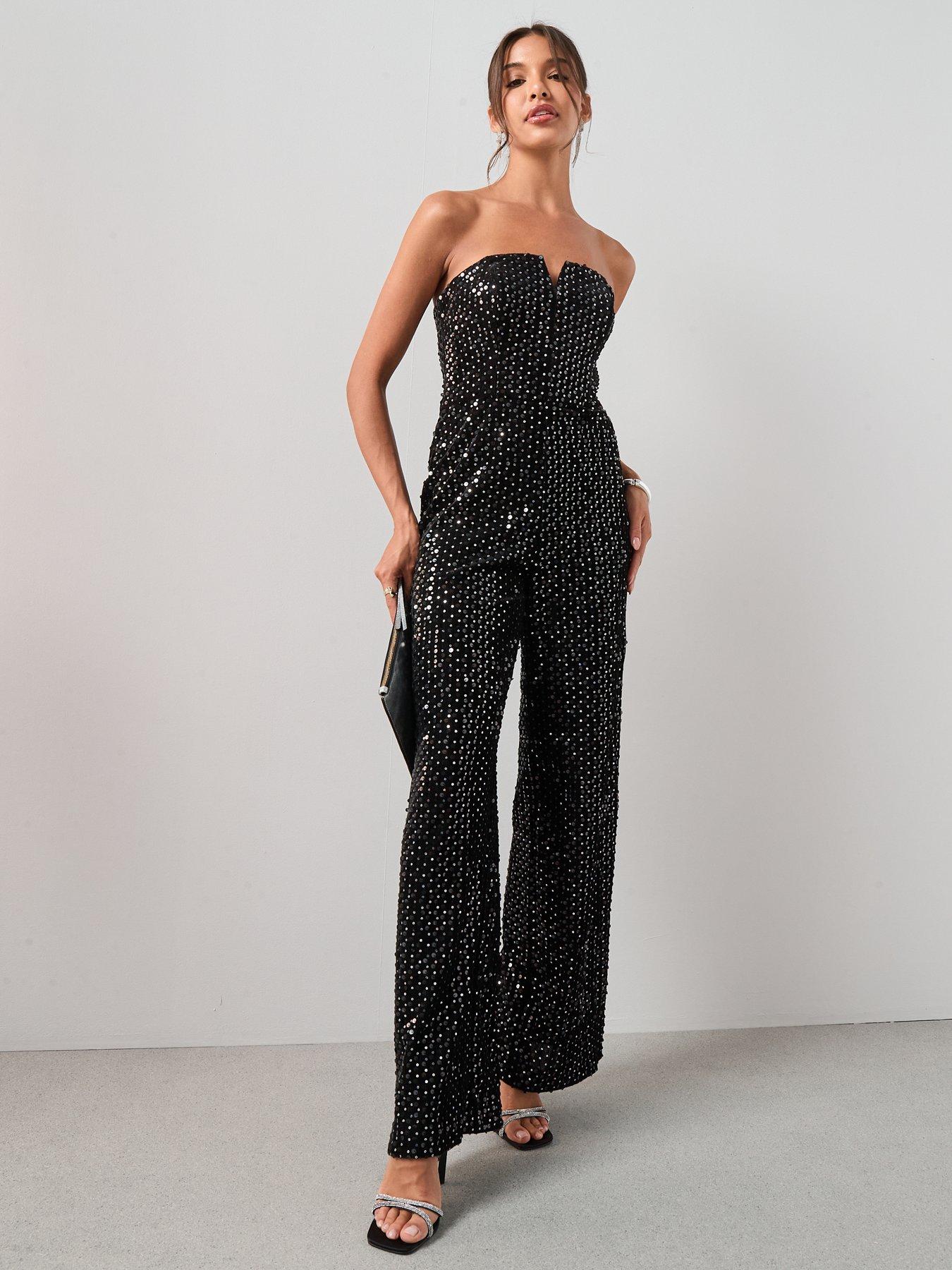 Image 4 of 7 of The Very Collection X Carol Byrne Bandeau Sequin Jumpsuit - Black