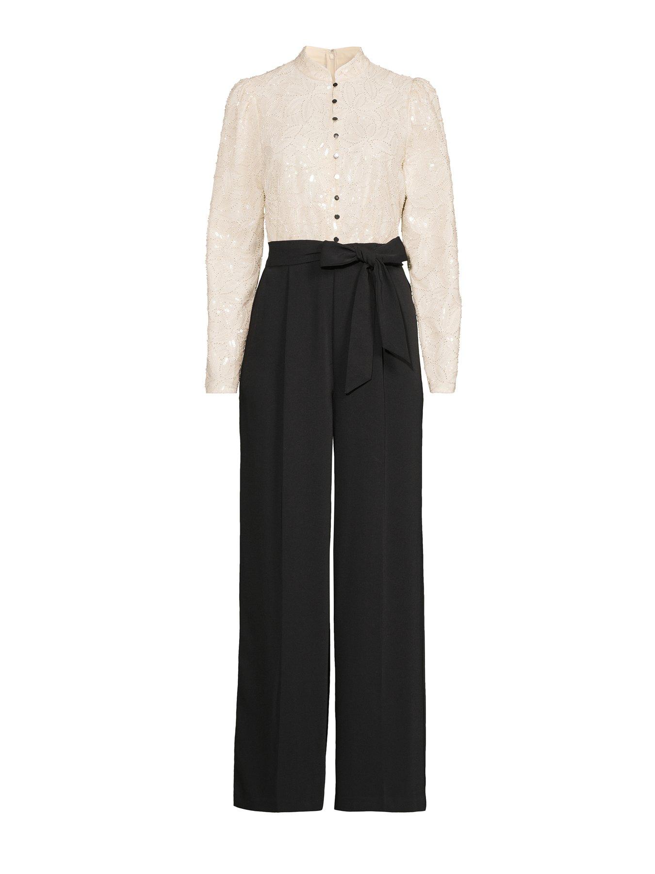 Image 7 of 7 of The Very Collection Embellished Button Through Wide Leg Jumpsuit - Black
