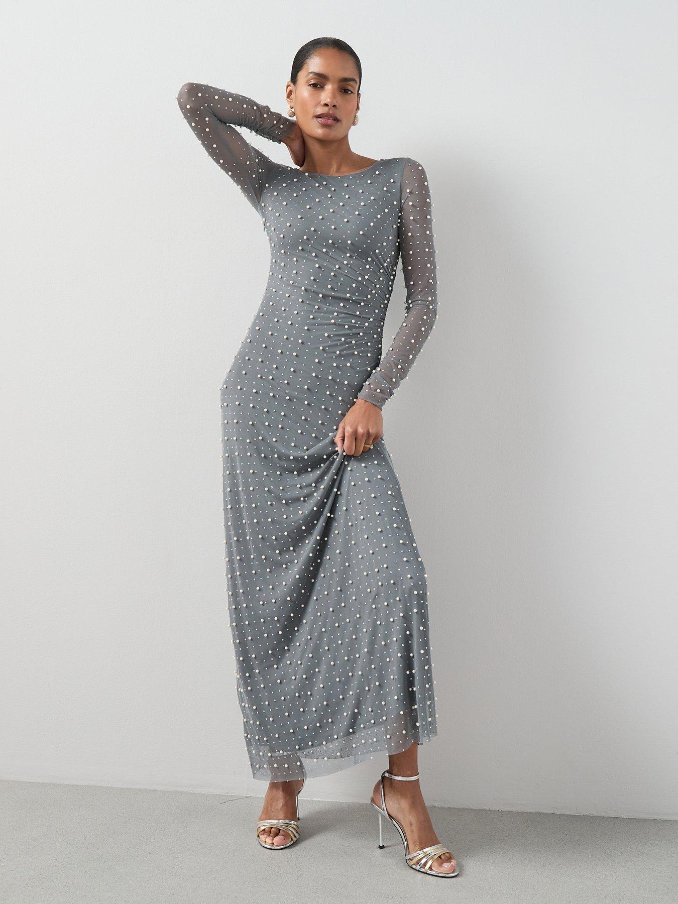 The Very Collection Pearl Mesh Long Sleeve Maxi Dress - Grey