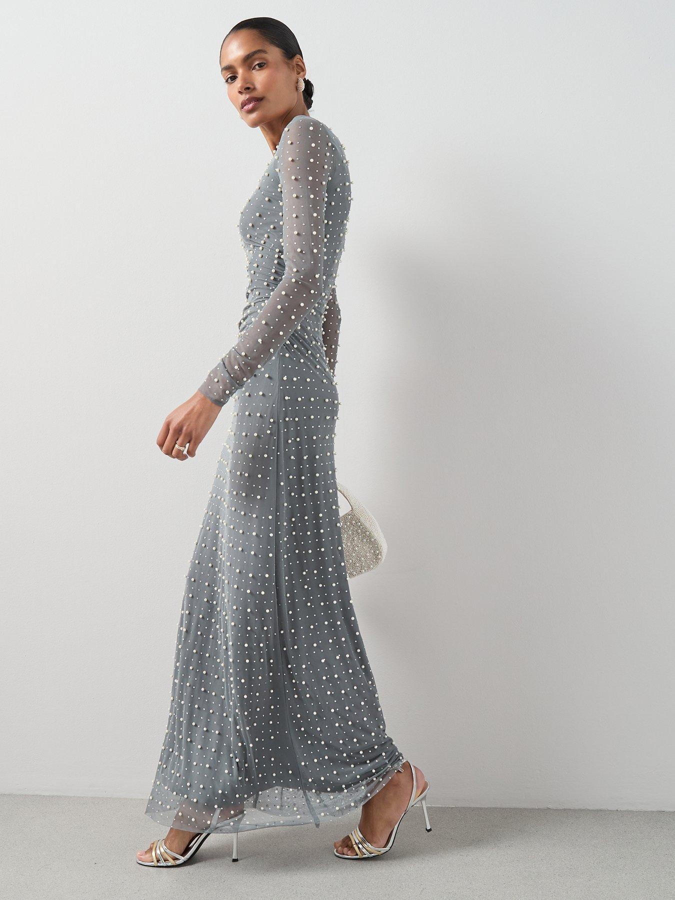 Image 6 of 7 of The Very Collection Pearl Mesh Long Sleeve Maxi Dress - Grey
