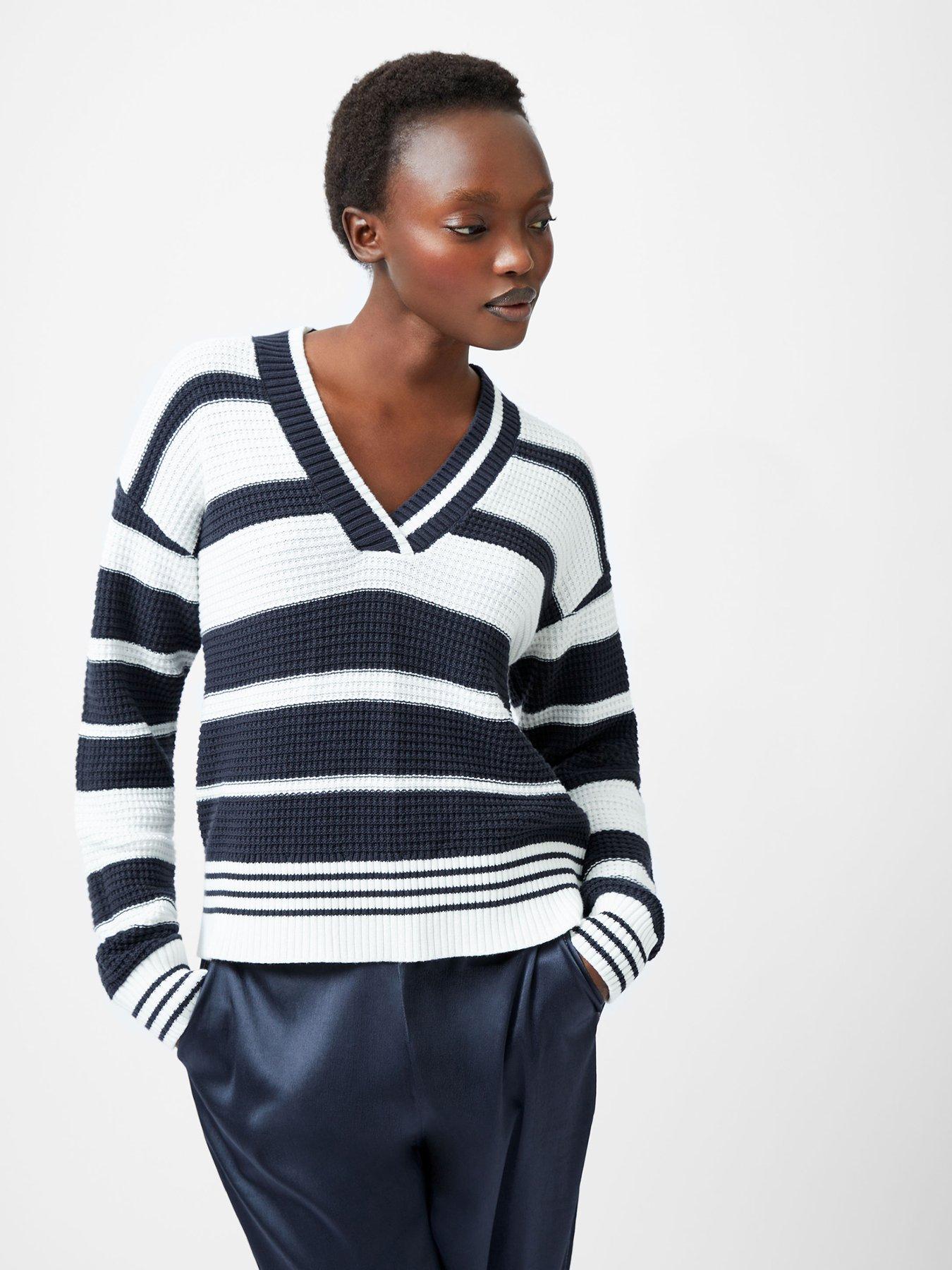 undefined Cable Knit Long Sleeve Varsity-style V-neck Stripe Jumper
