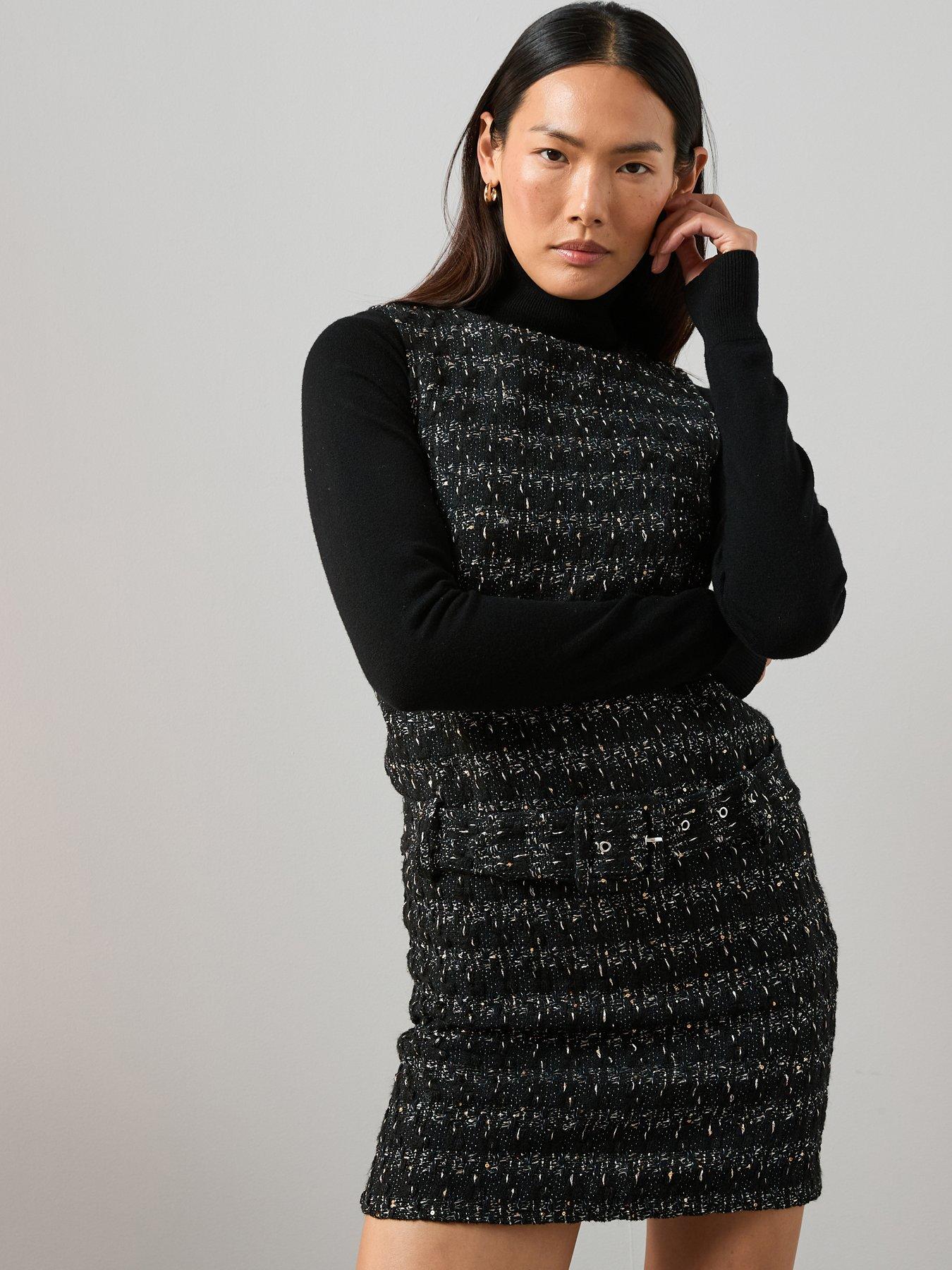 The Very Collection Boucle Metallic Belted Mini Dress - Black
