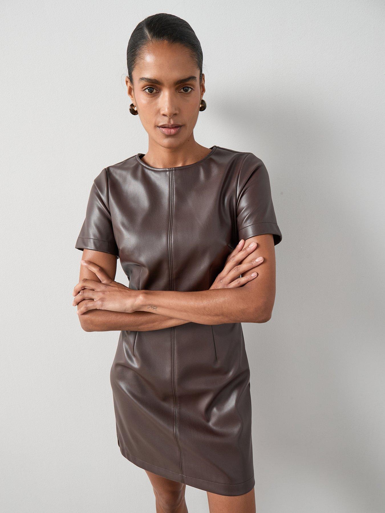 Image 3 of 6 of The Very Collection Pu Shift Dress - Brown