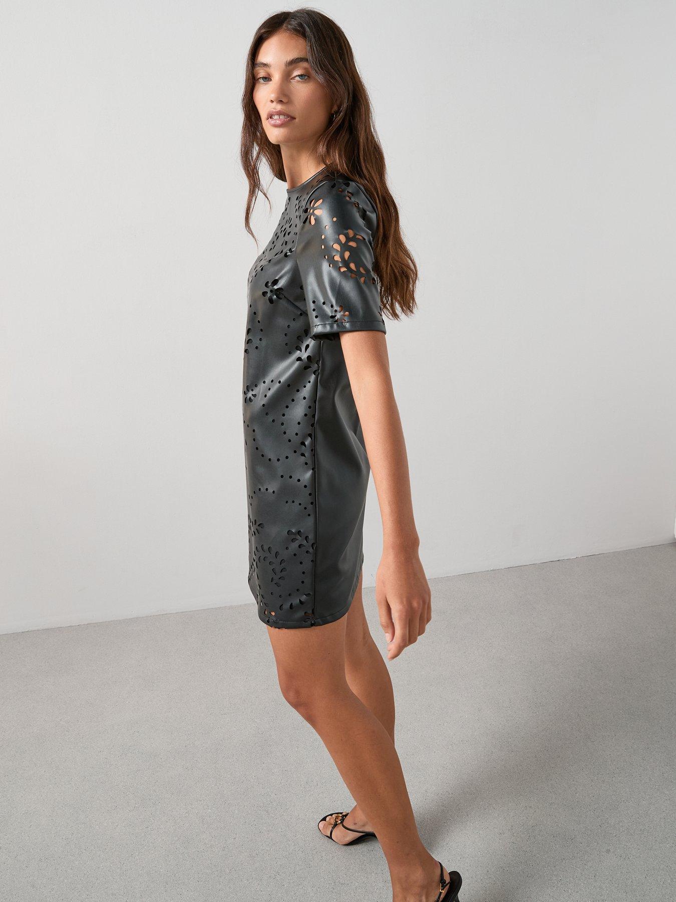 Image 5 of 7 of The Very Collection Cutwork Pu Shift Dress - Black