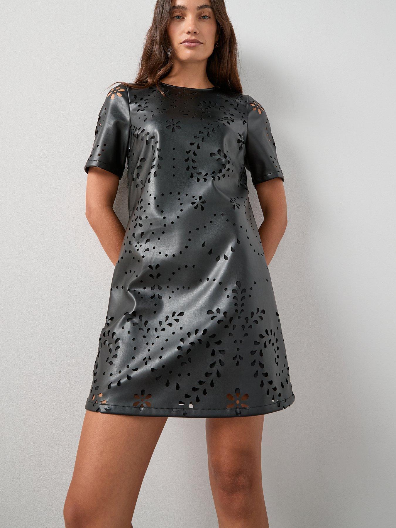 Image 6 of 7 of The Very Collection Cutwork Pu Shift Dress - Black