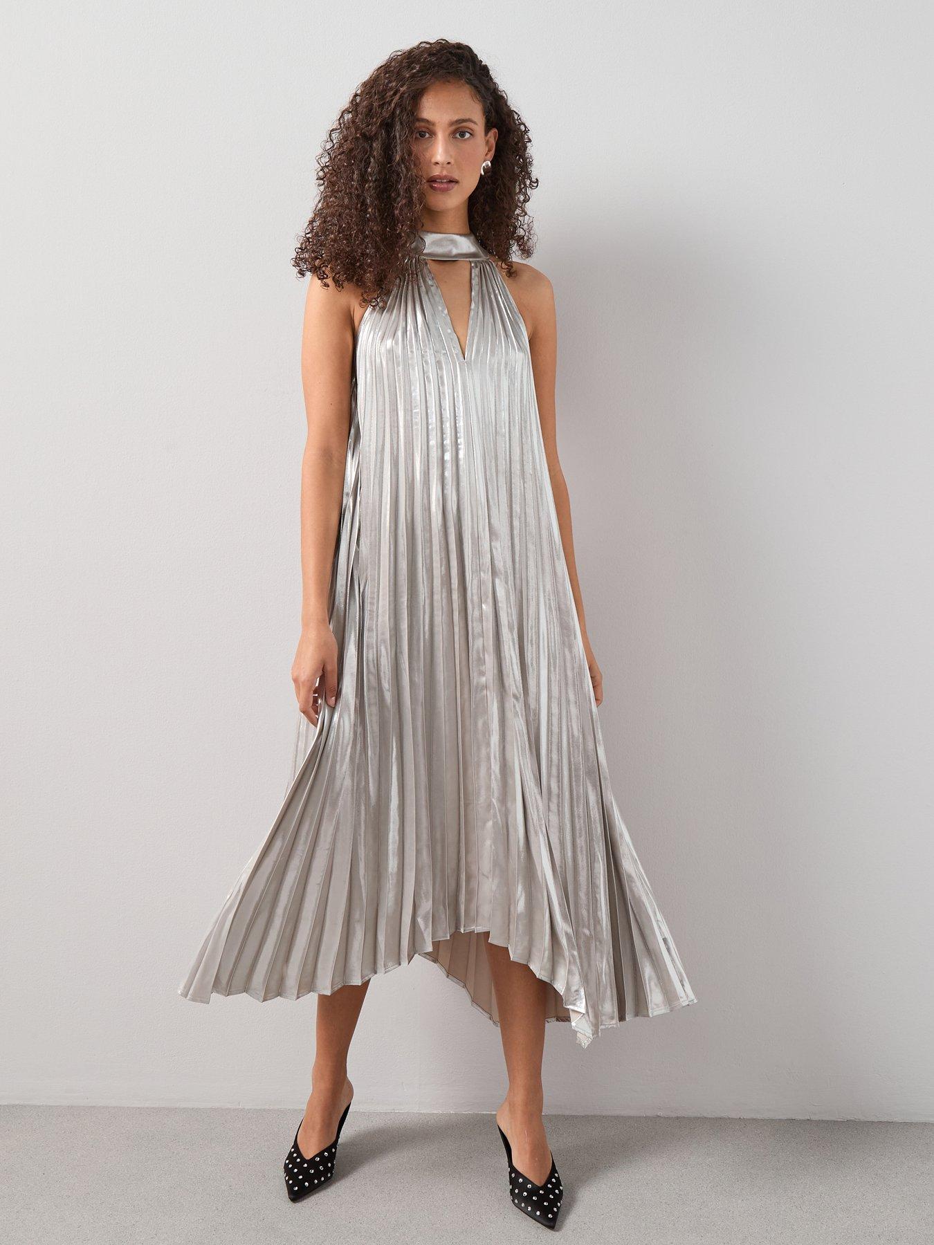 knee length dresses for ladies Silver Metallic Halterneck Drape Detail Dress  John Zack