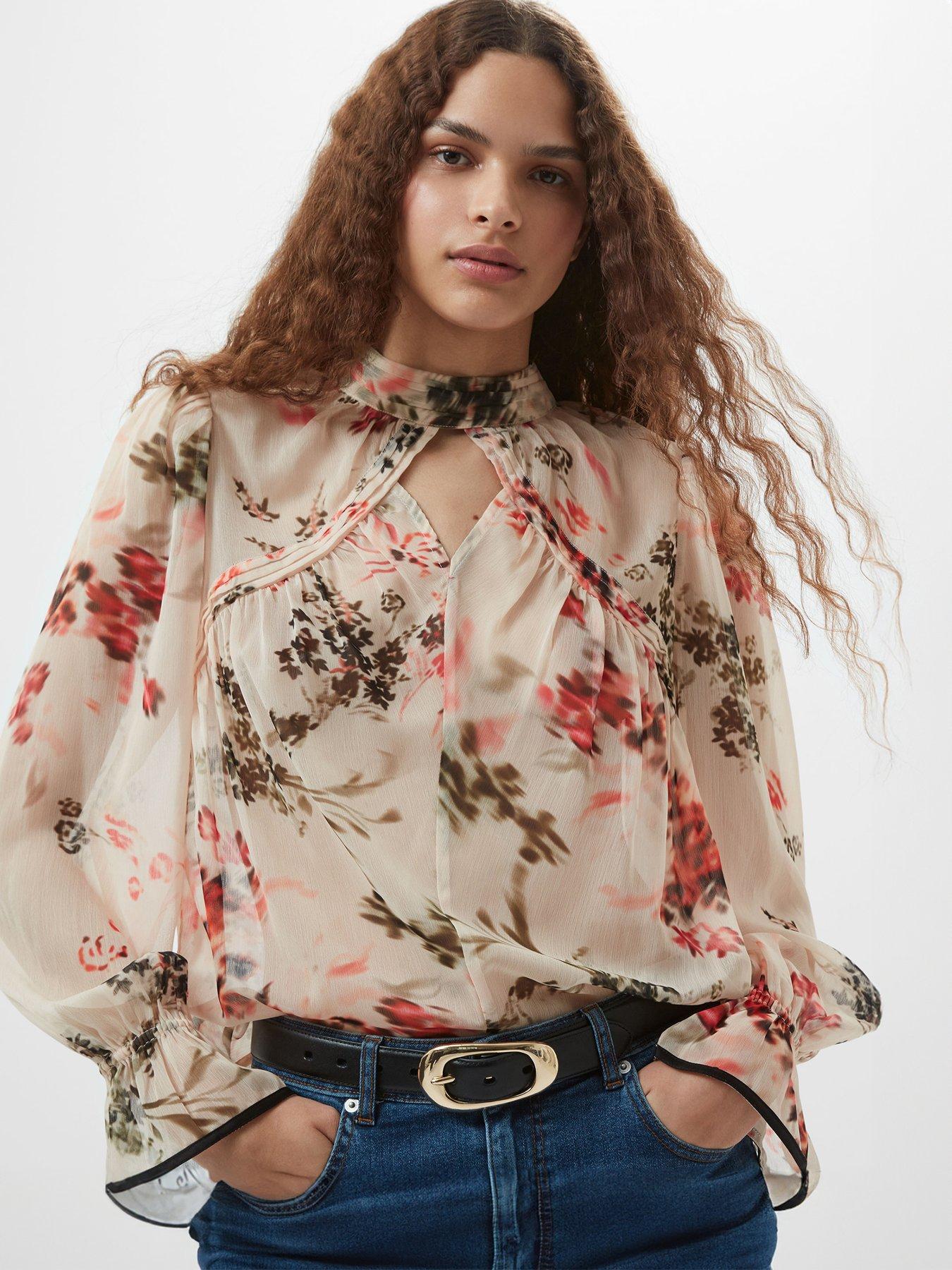 undefined Crinkle Long Sleeve High Neck Floral Print Blouse