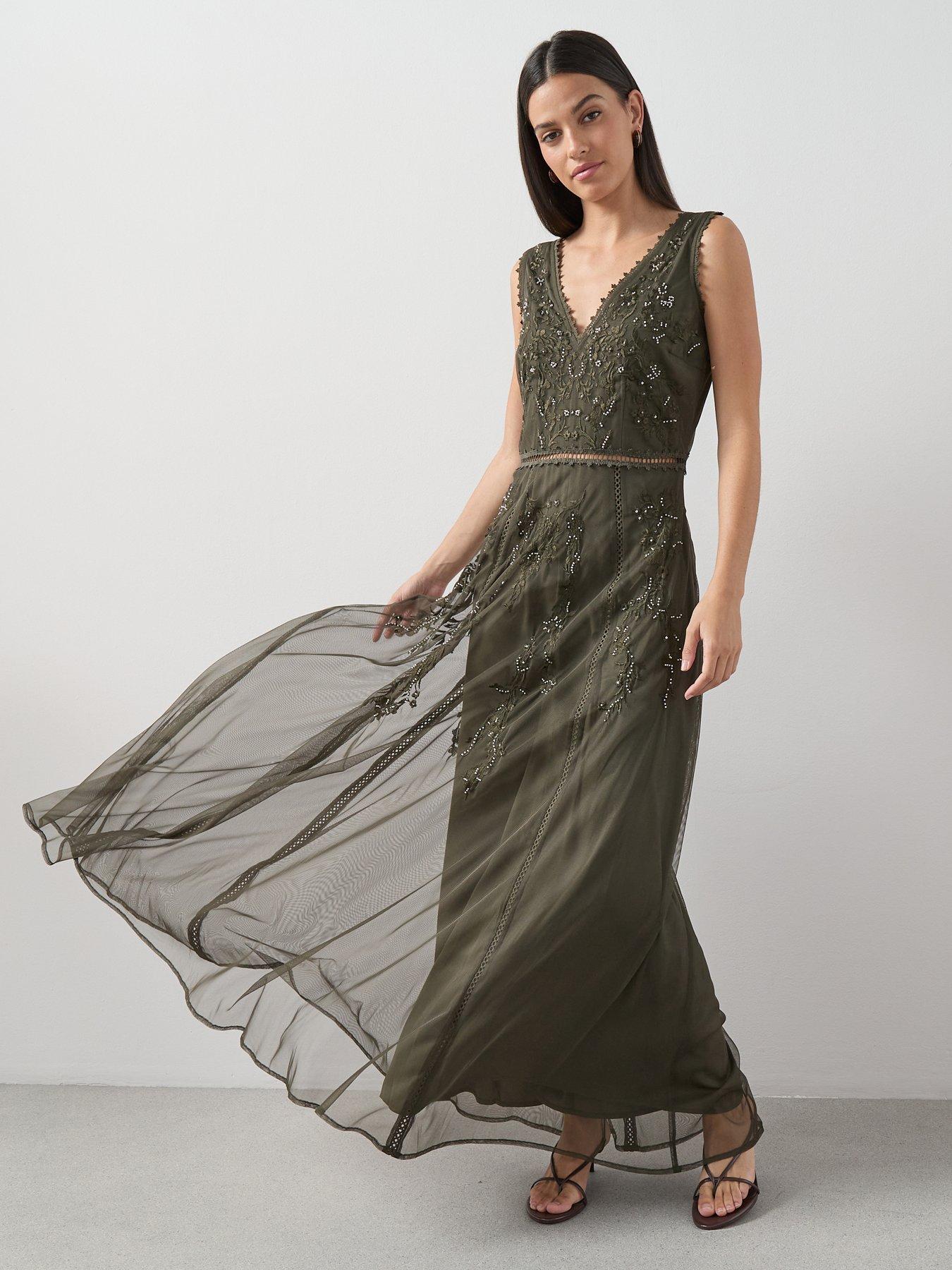 Image 1 of 7 of The Very Collection Embellished Tulle Maxi Dress - Green