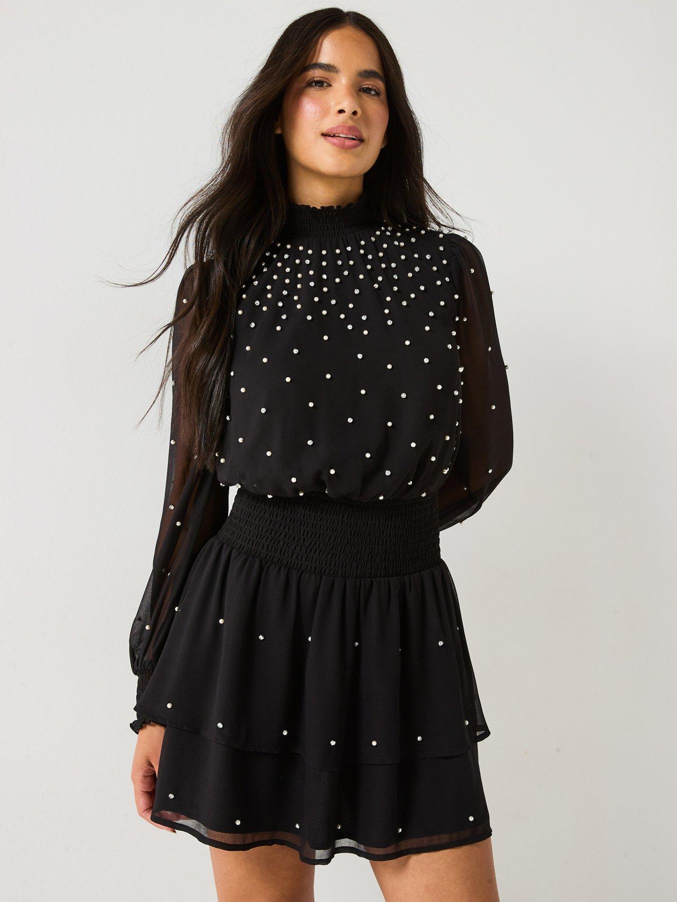 The Very Collection Shirred Waist Pearl Detail Mini Dress - Black