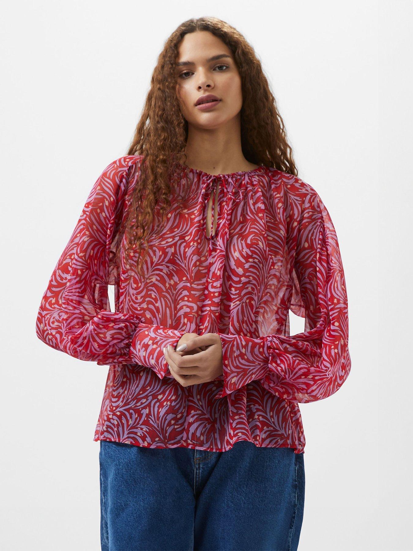 undefined Ruched Chiffon Long Sleeve Keyhole Neck Printed Blouse
