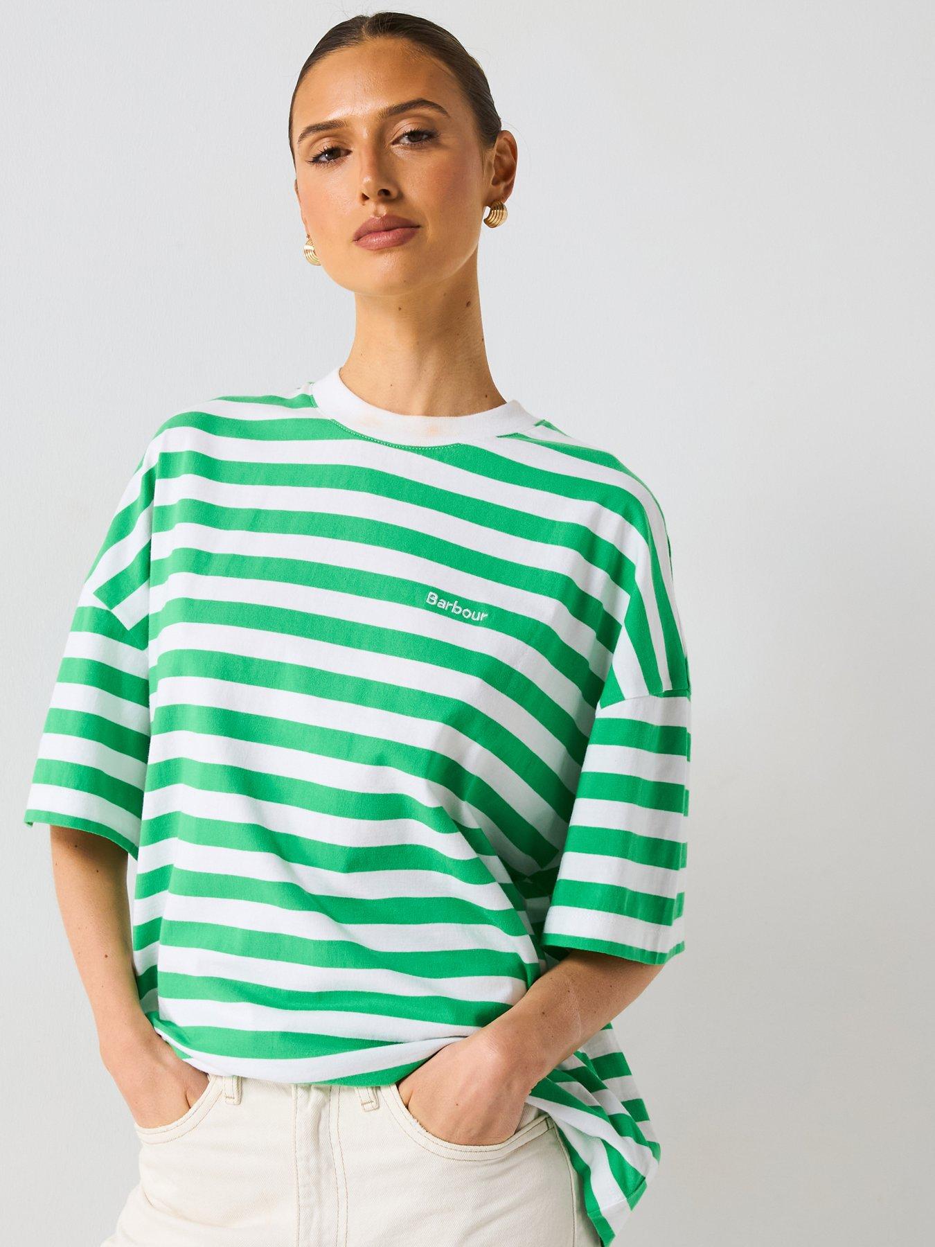 Barbour Striped Oversized Crew Neck T-Shirt - White/Kelly Green