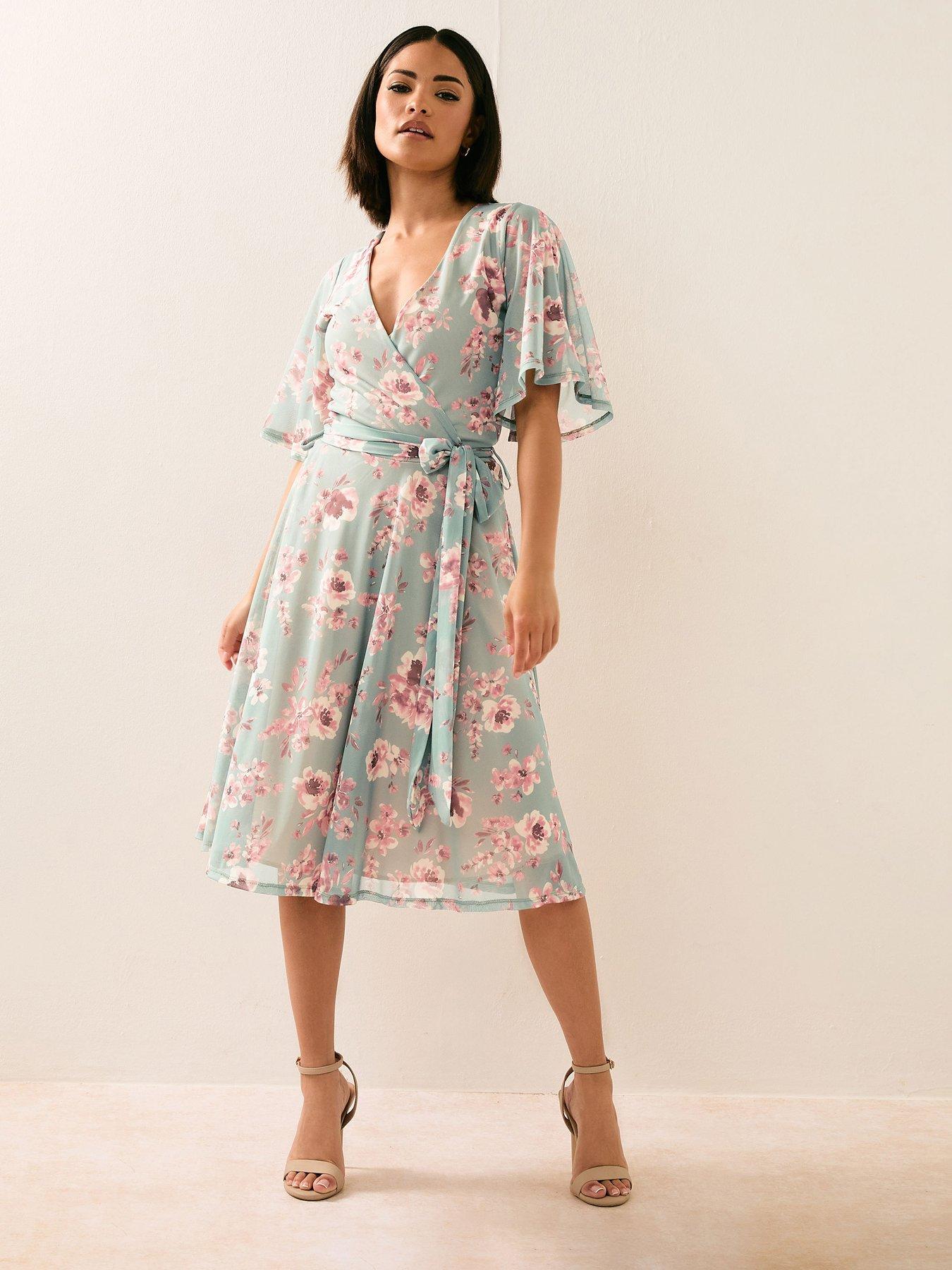 undefined Floral Mesh Wrap Midi Dress