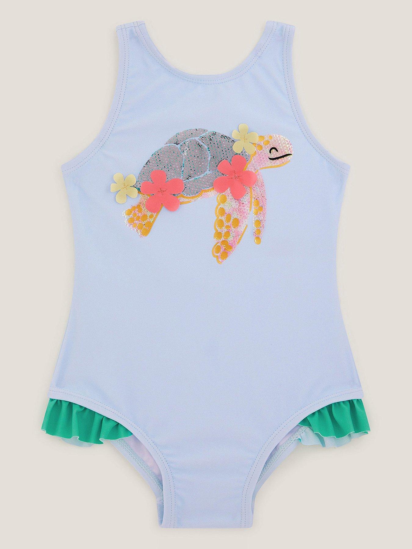 Image 1 of 3 of Monsoon Baby Girls Turtle Applique Swimsuit - Blue