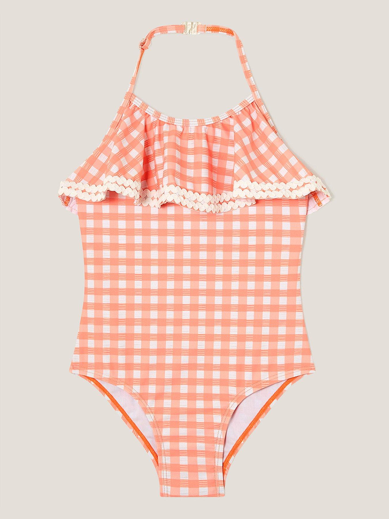 undefined Girls Gingham Ruffle Swimsuit - Orange