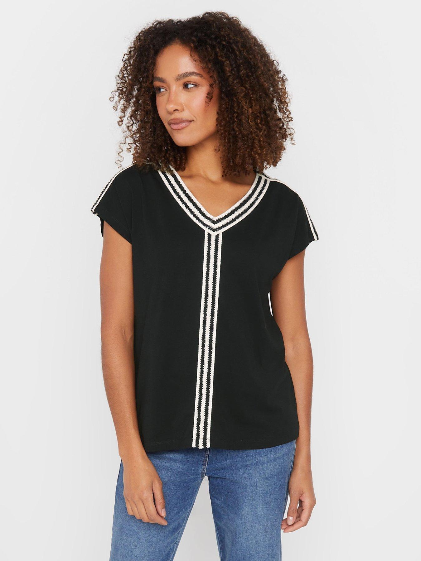 undefined Embroidery Trim V Neck Top - Black