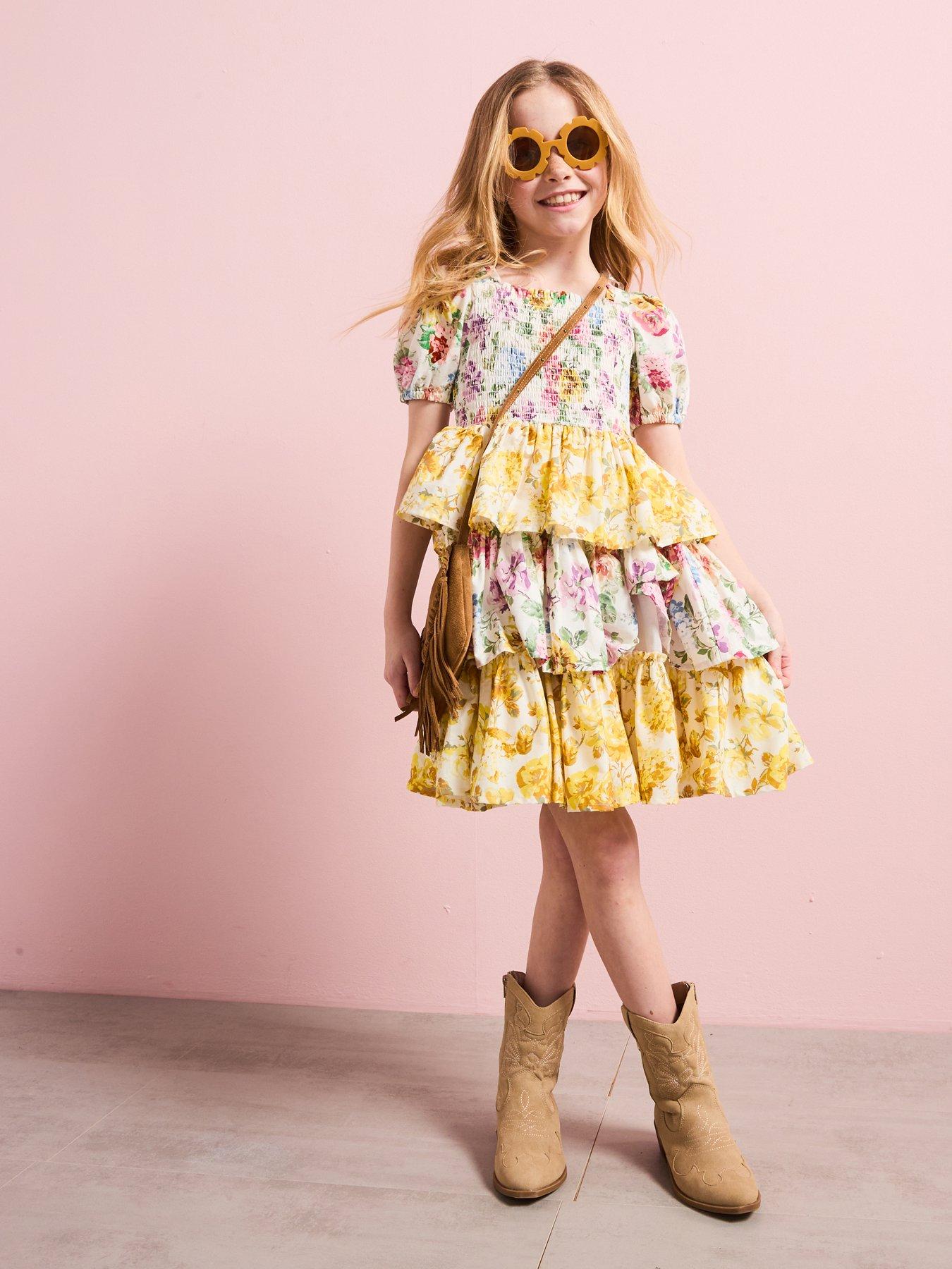 undefined Girls Floral Print Puff Sleeve Tiered Dress - Yellow