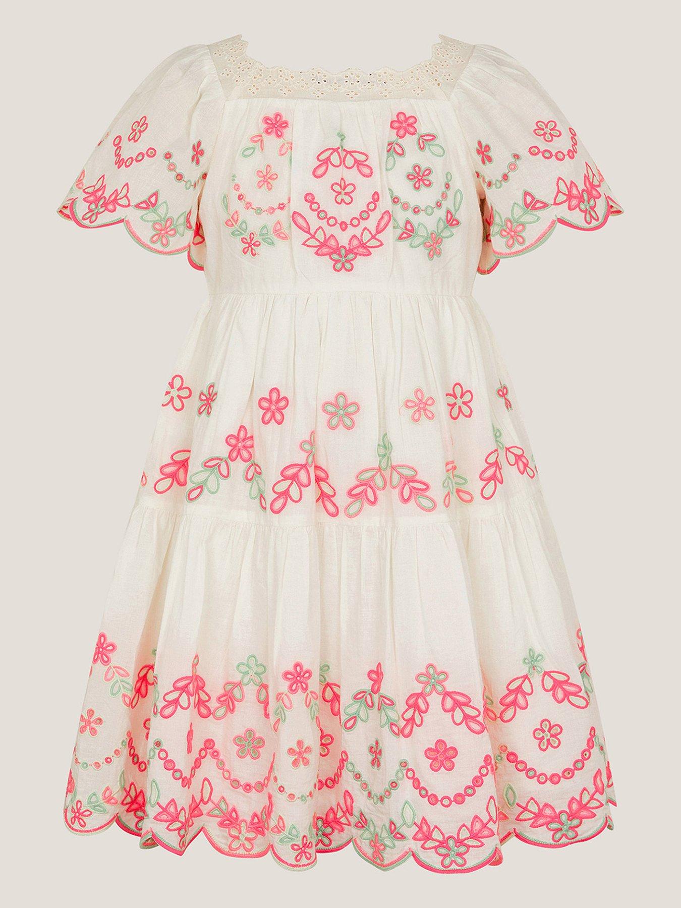 undefined Girls Colourful Broderie Short Sleeve Dress - Multi