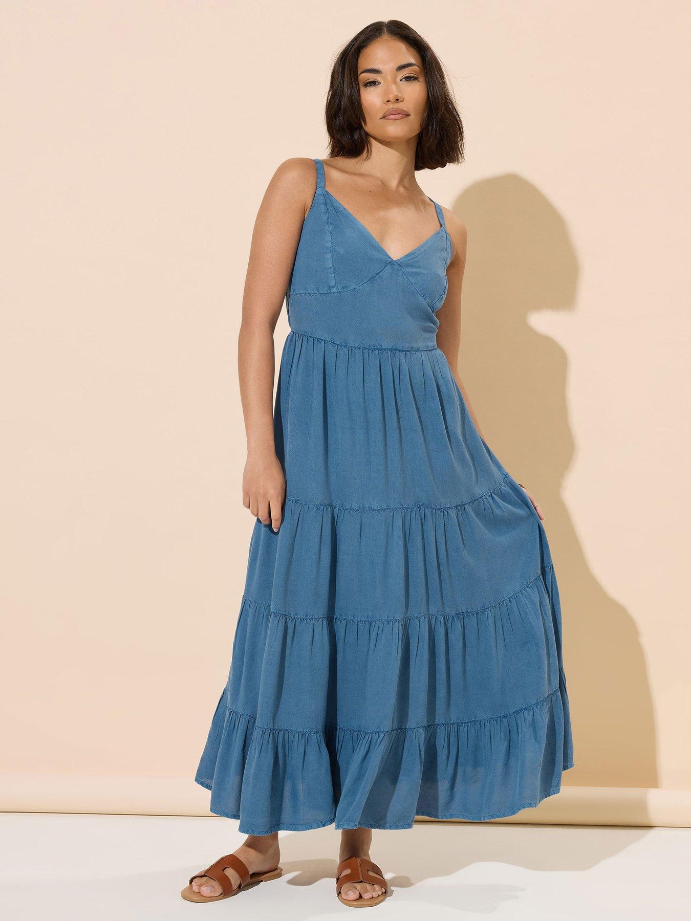 undefined Acid Wash Tie Back Tiered Dress - Blue
