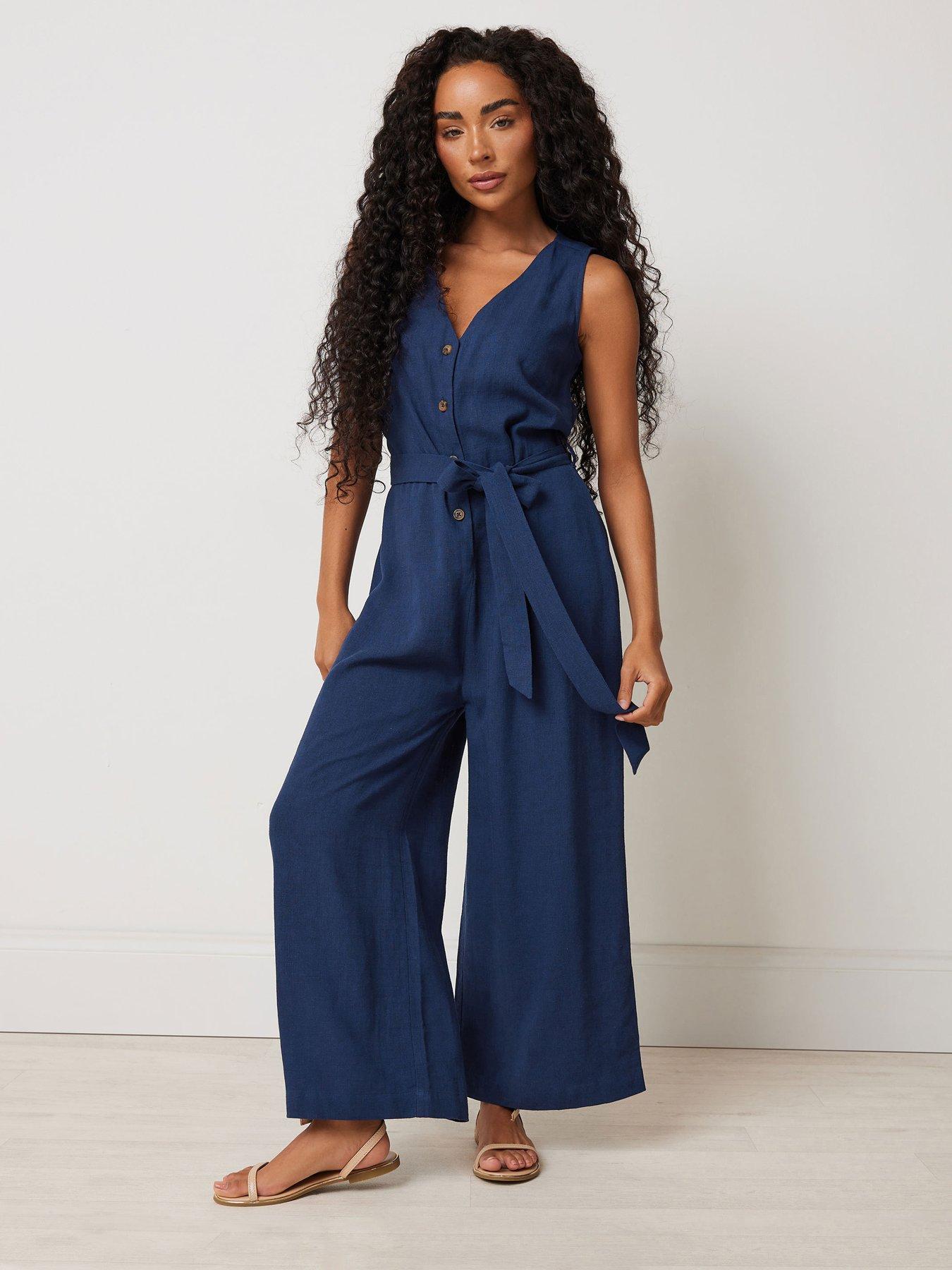 M&Co Petite Tie Waist Jumpsuit Blue Very