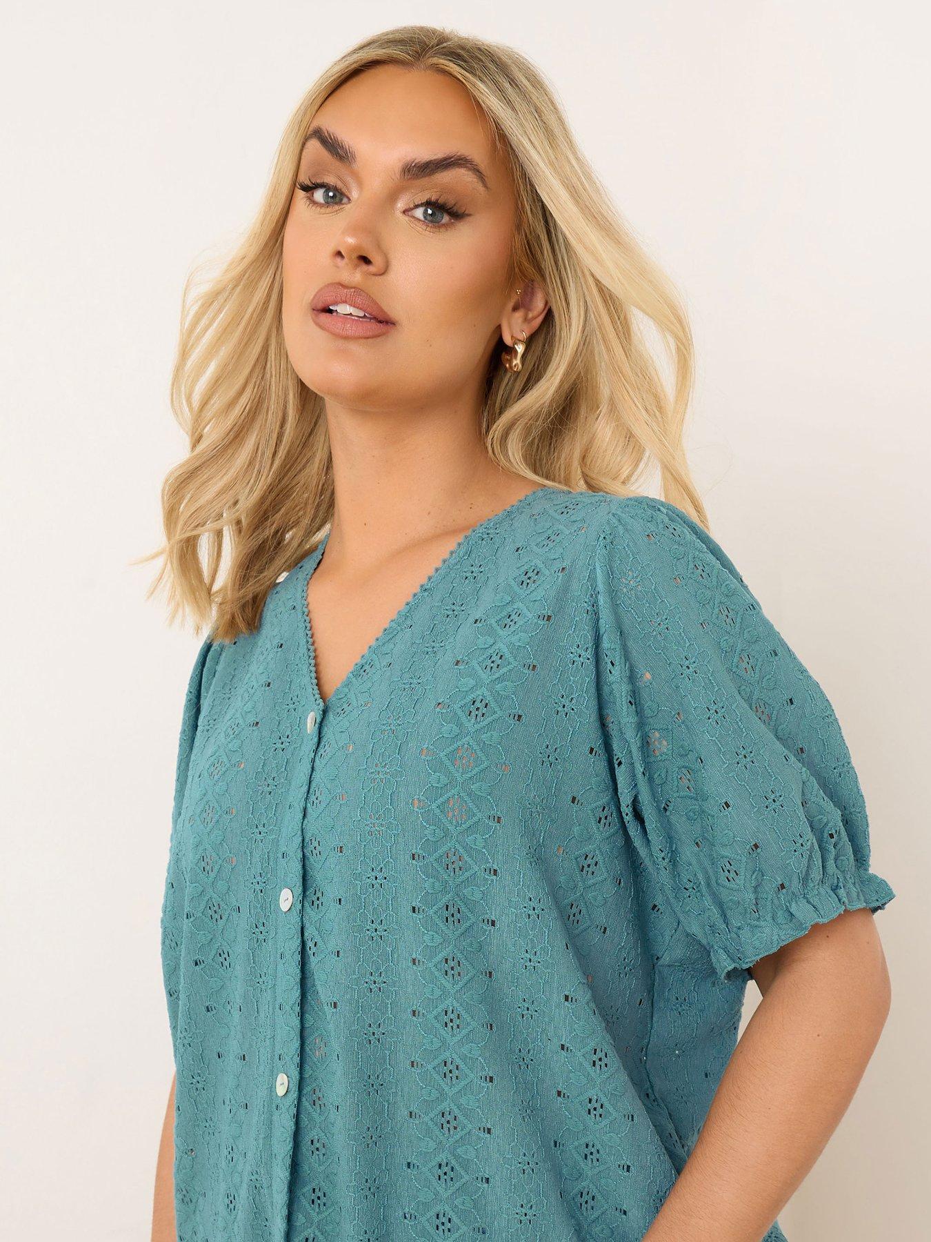 Image 4 of 4 of Yours Curve Puff Sleeve Anglaise Blouse - Blue