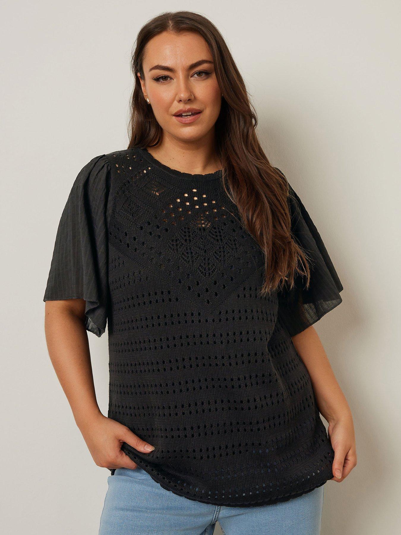 undefined Curve Woven Sleeve Crochet Top - Black