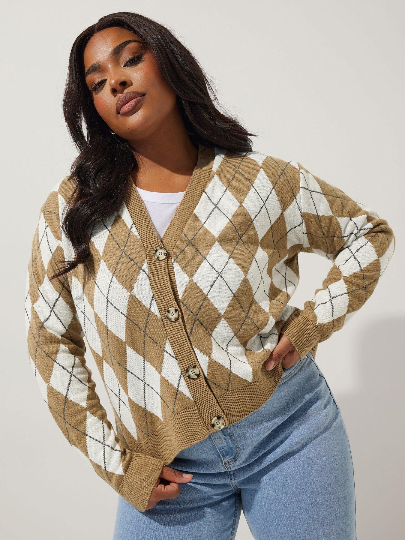 Image 1 of 4 of Yours Curve Neutral Argyle Cardi - Natural