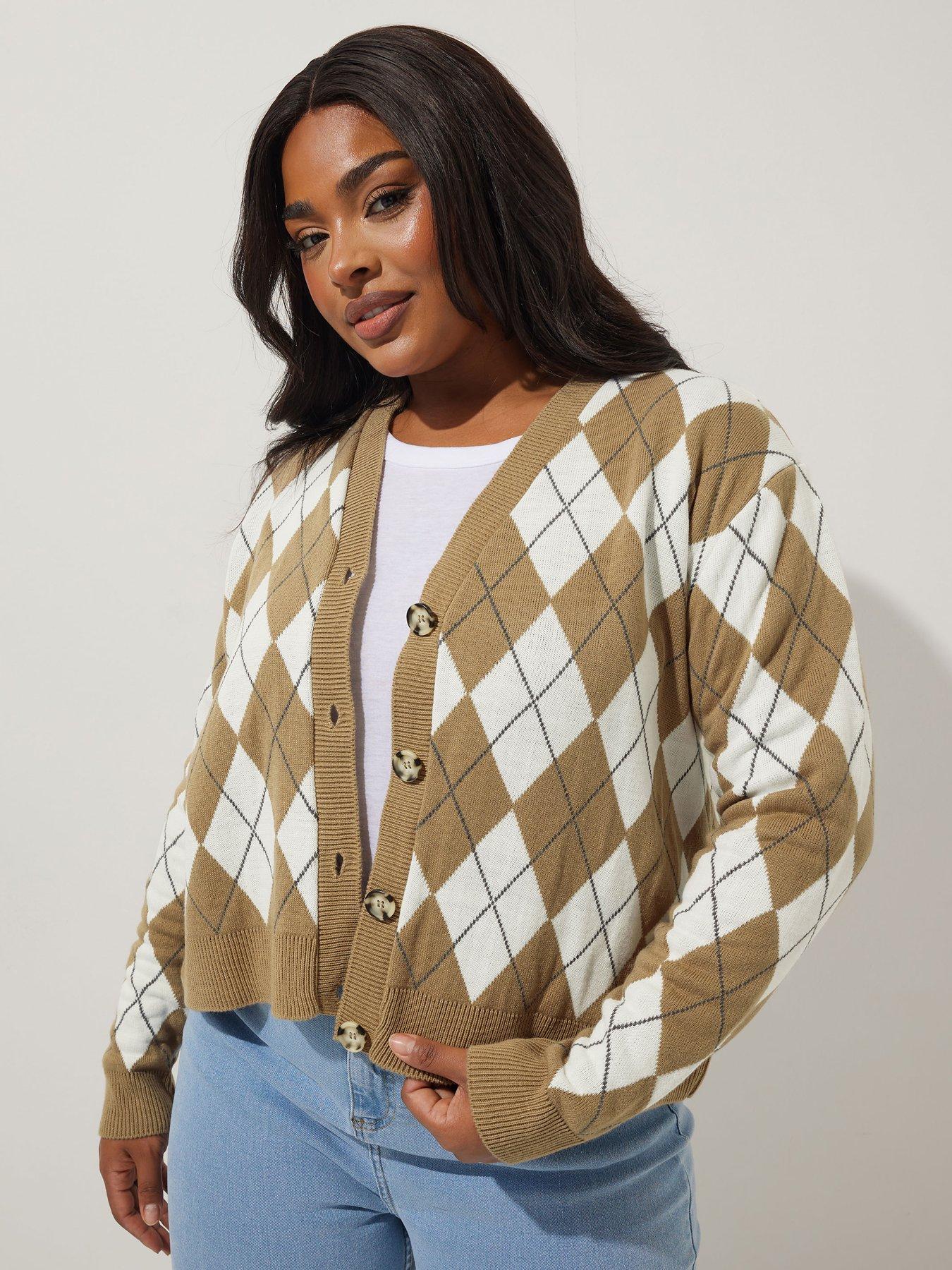 Image 4 of 4 of Yours Curve Neutral Argyle Cardi - Natural