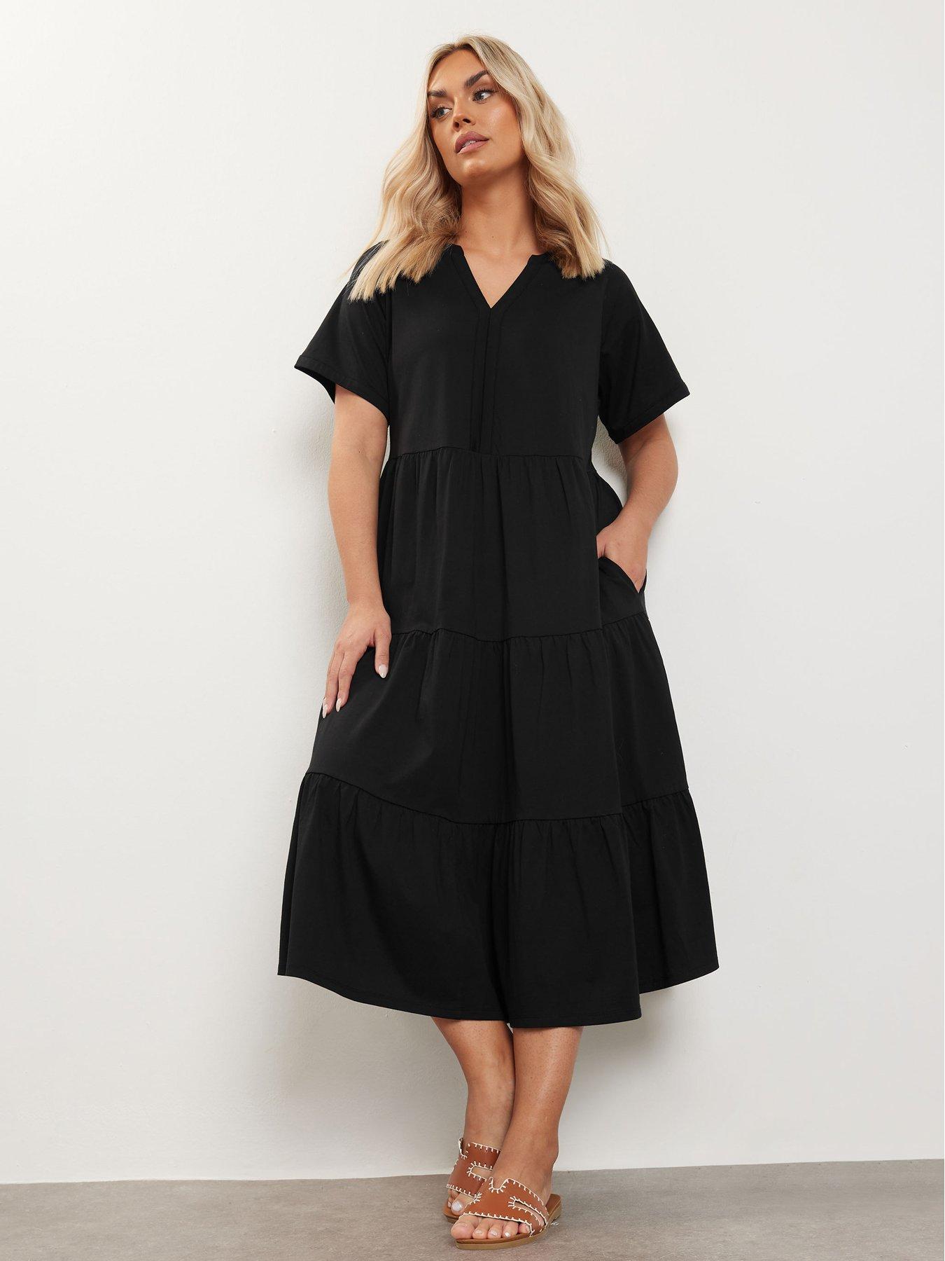 Image 1 of 4 of Yours Curve Cotton Tiered Dress - Black