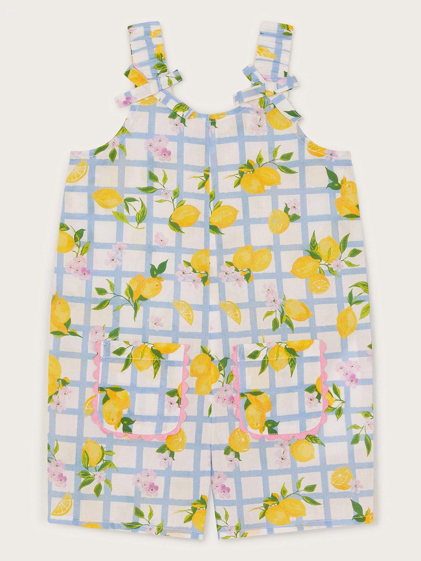 Image 1 of 3 of Monsoon Baby Girls Lemon Tile Print Romper - Blue