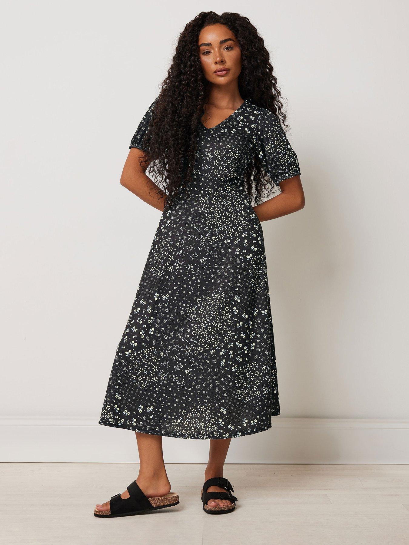 Image 1 of 4 of M&Co Petite Petite Floral V Neck Midi Dress