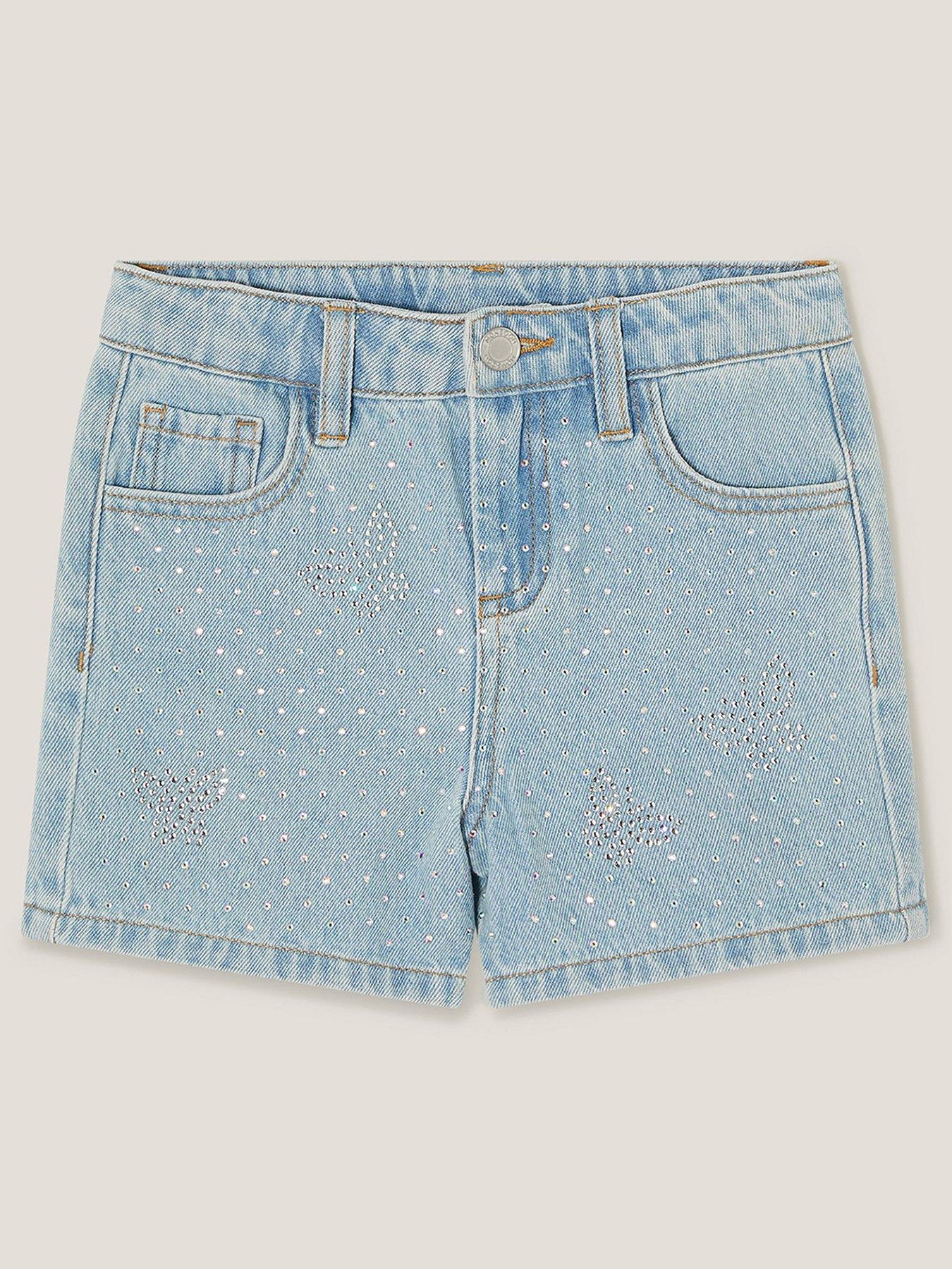 undefined Girls Rhinestone Butterfly Denim Shorts - Blue