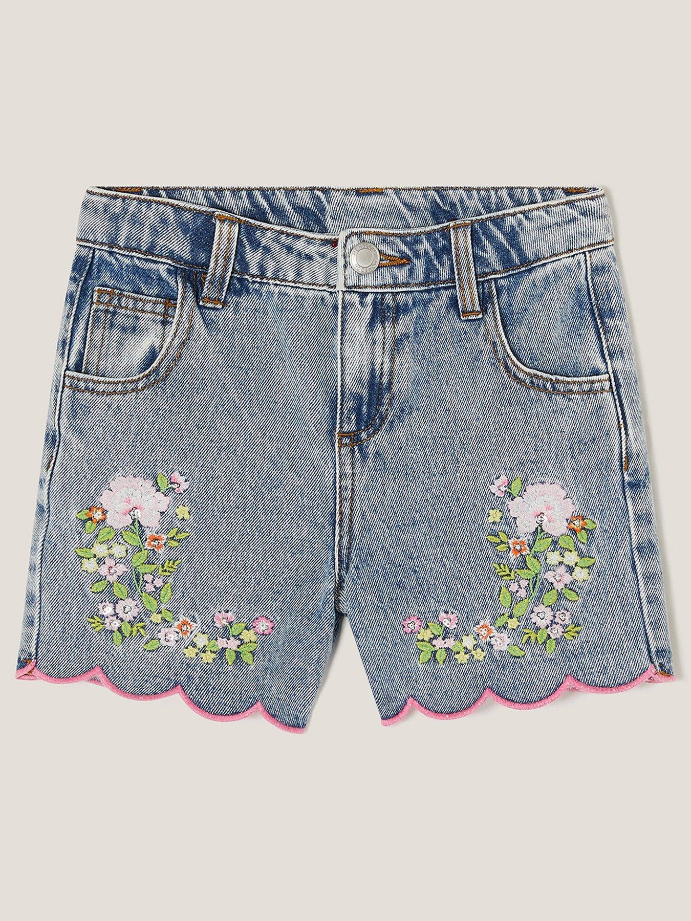 undefined Girls Sequin Floral Embroidered Denim Shorts - Blue