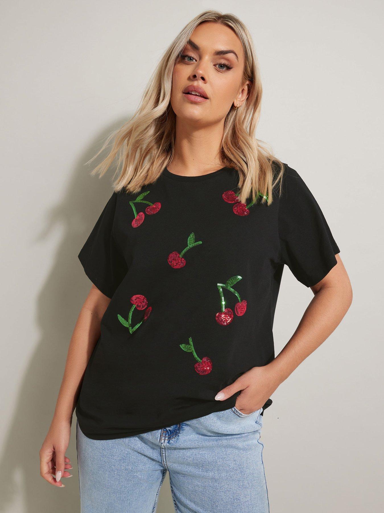 Image 1 of 4 of Yours Curve Sequin Cherry T-Shirt