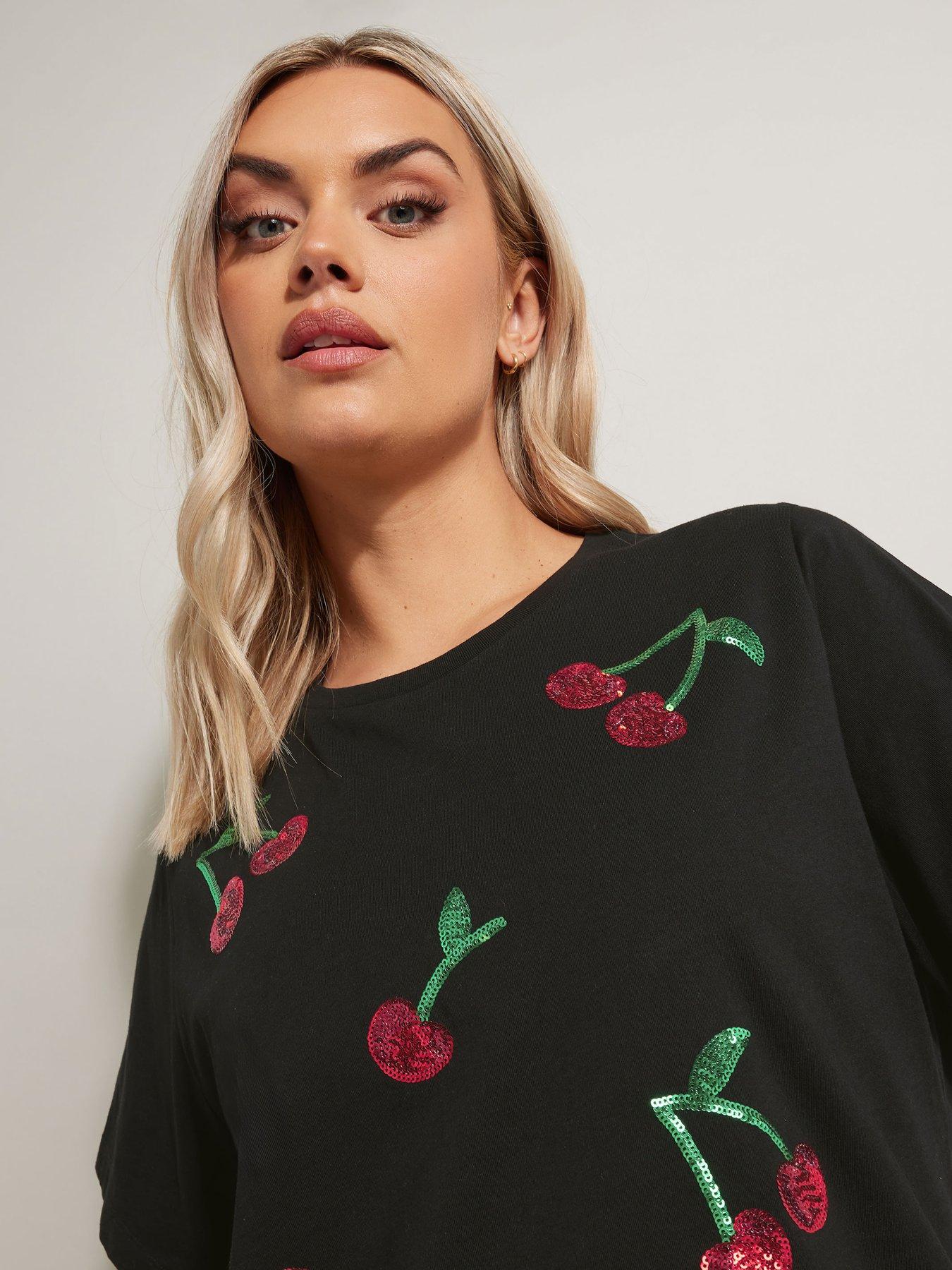 Image 4 of 4 of Yours Curve Sequin Cherry T-Shirt