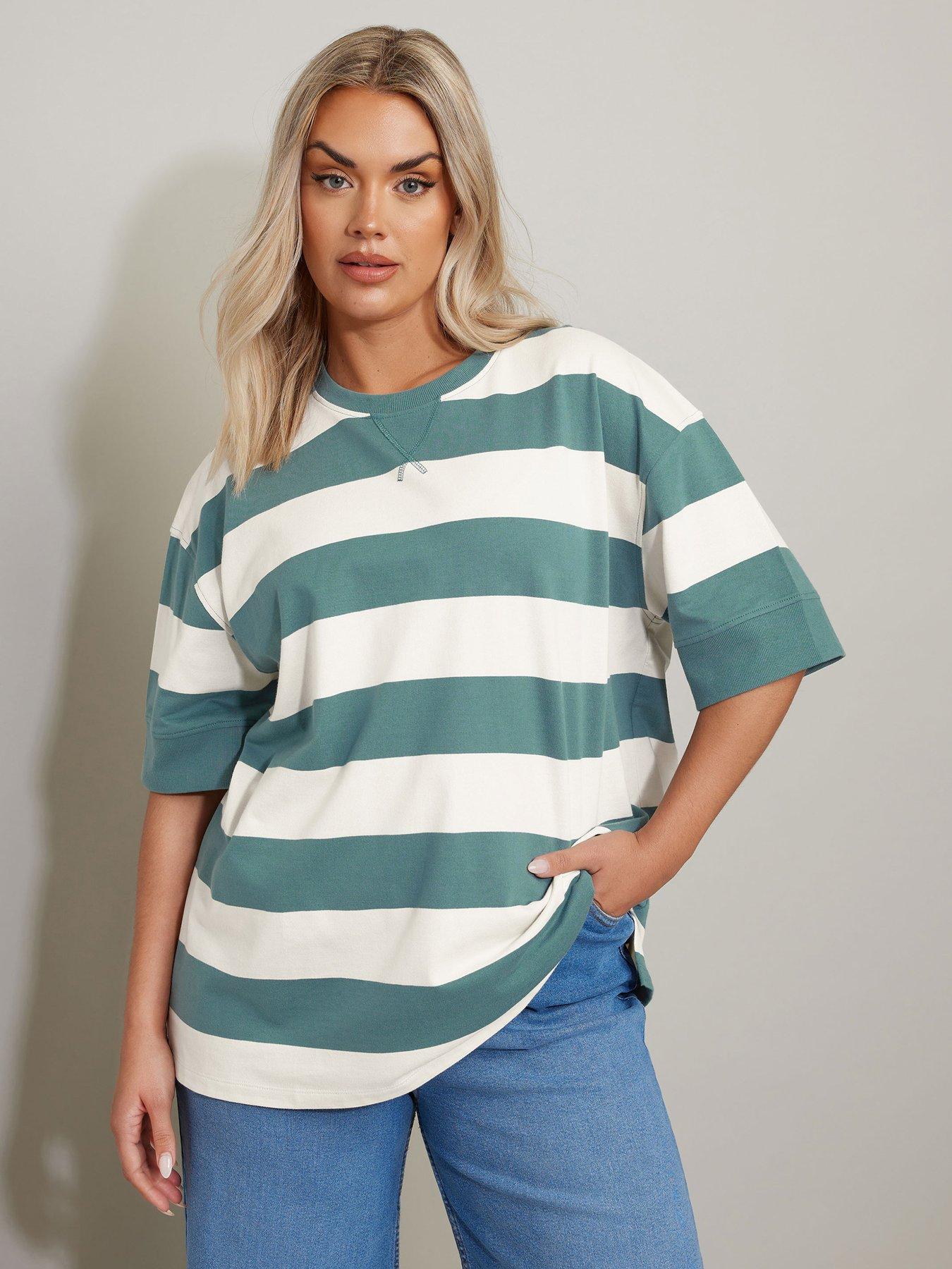 undefined Curve Short Sleeve Stripe Top - Green