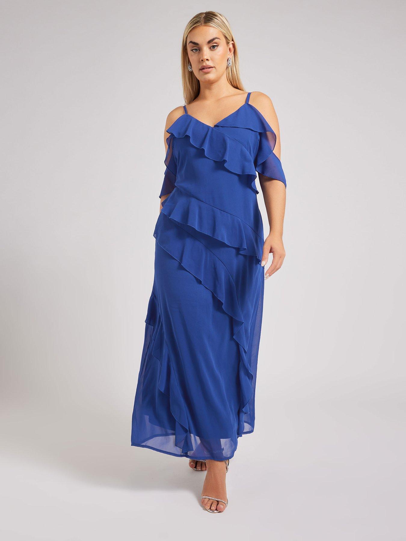 Image 3 of 4 of Yours Curve &nbsp;Ruffle Cold Shoulder Cami Dress - Blue