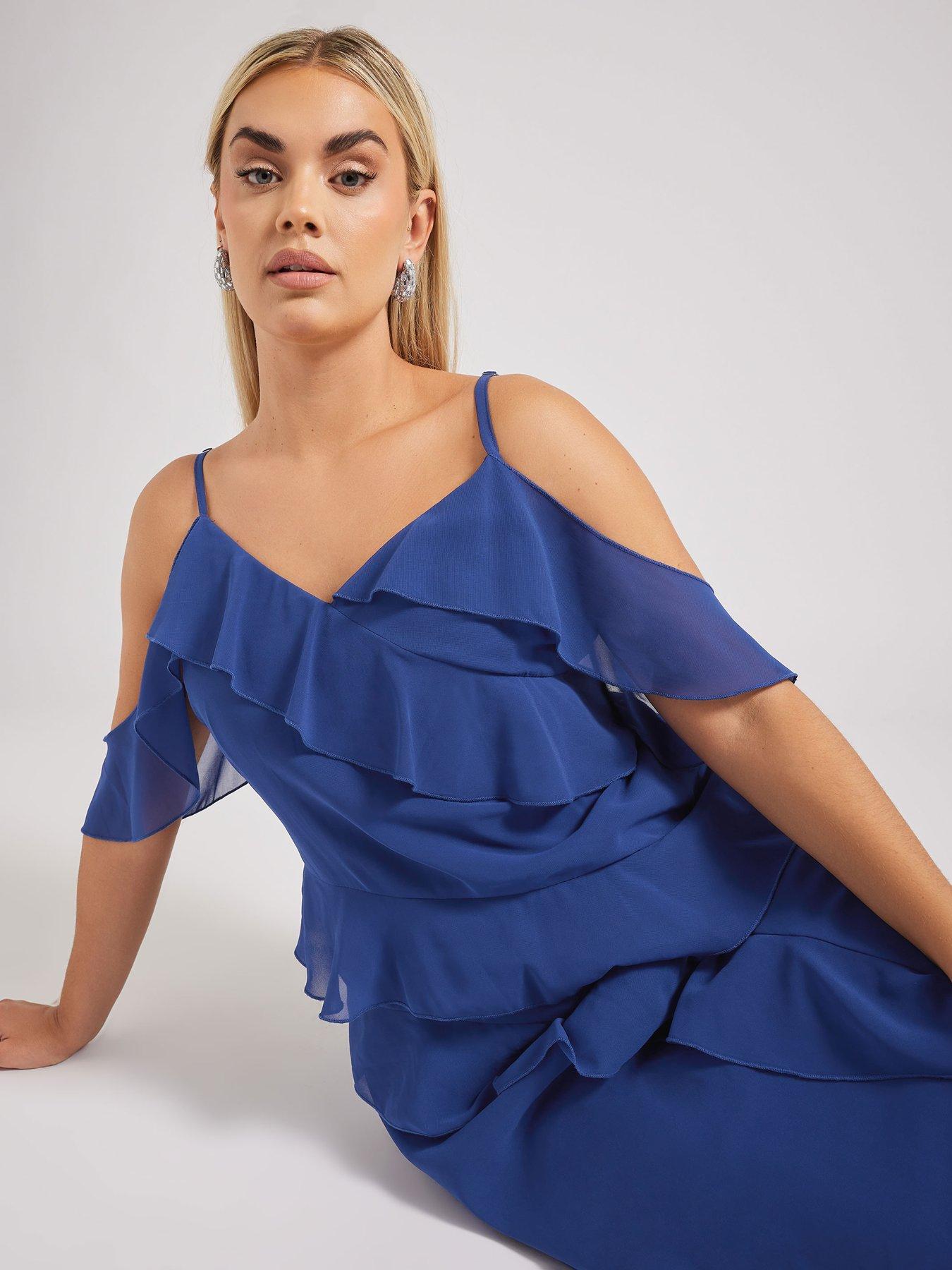 Image 4 of 4 of Yours Curve &nbsp;Ruffle Cold Shoulder Cami Dress - Blue