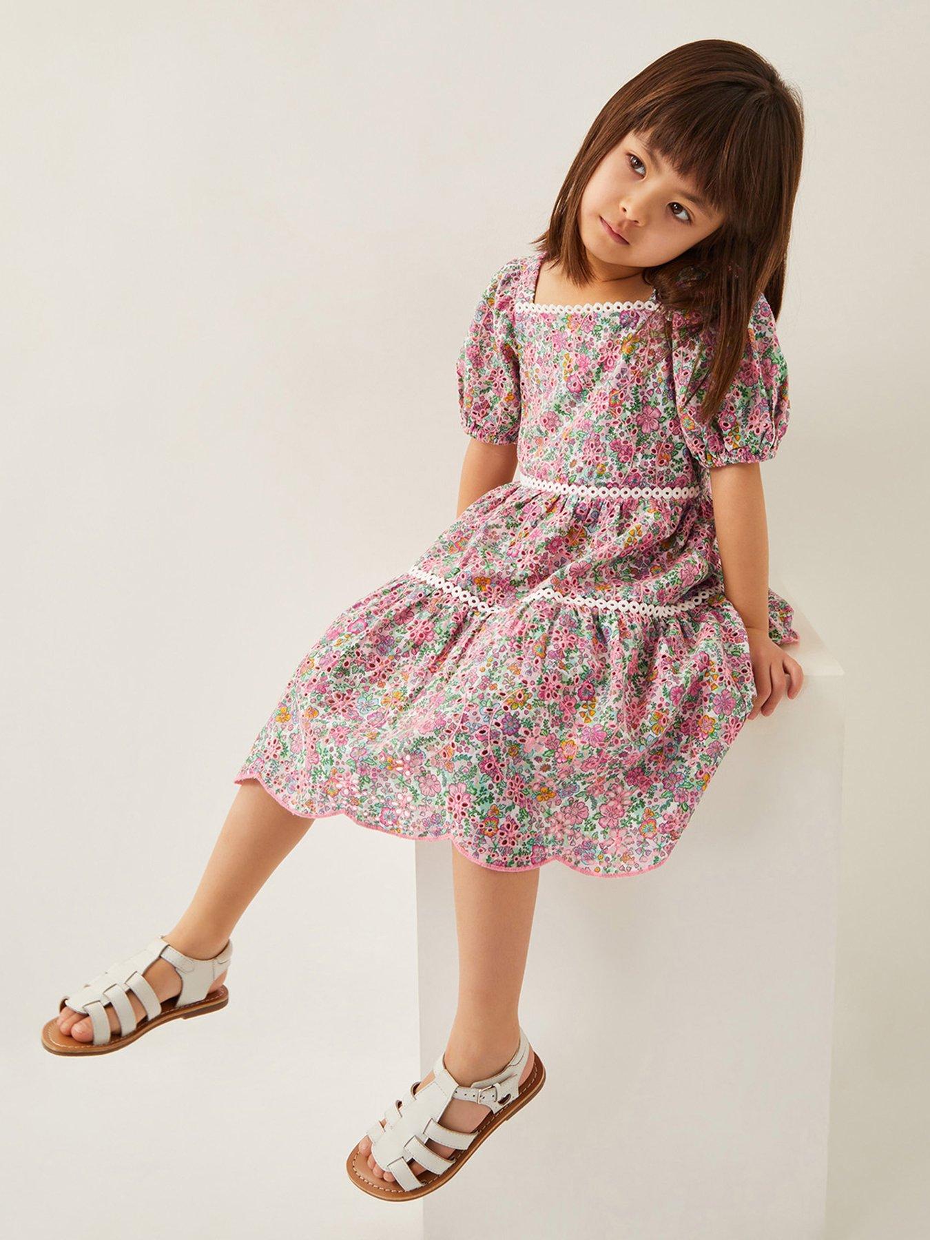 undefined Girls Broderie Floral Puff-Sleeve Dress - Pink