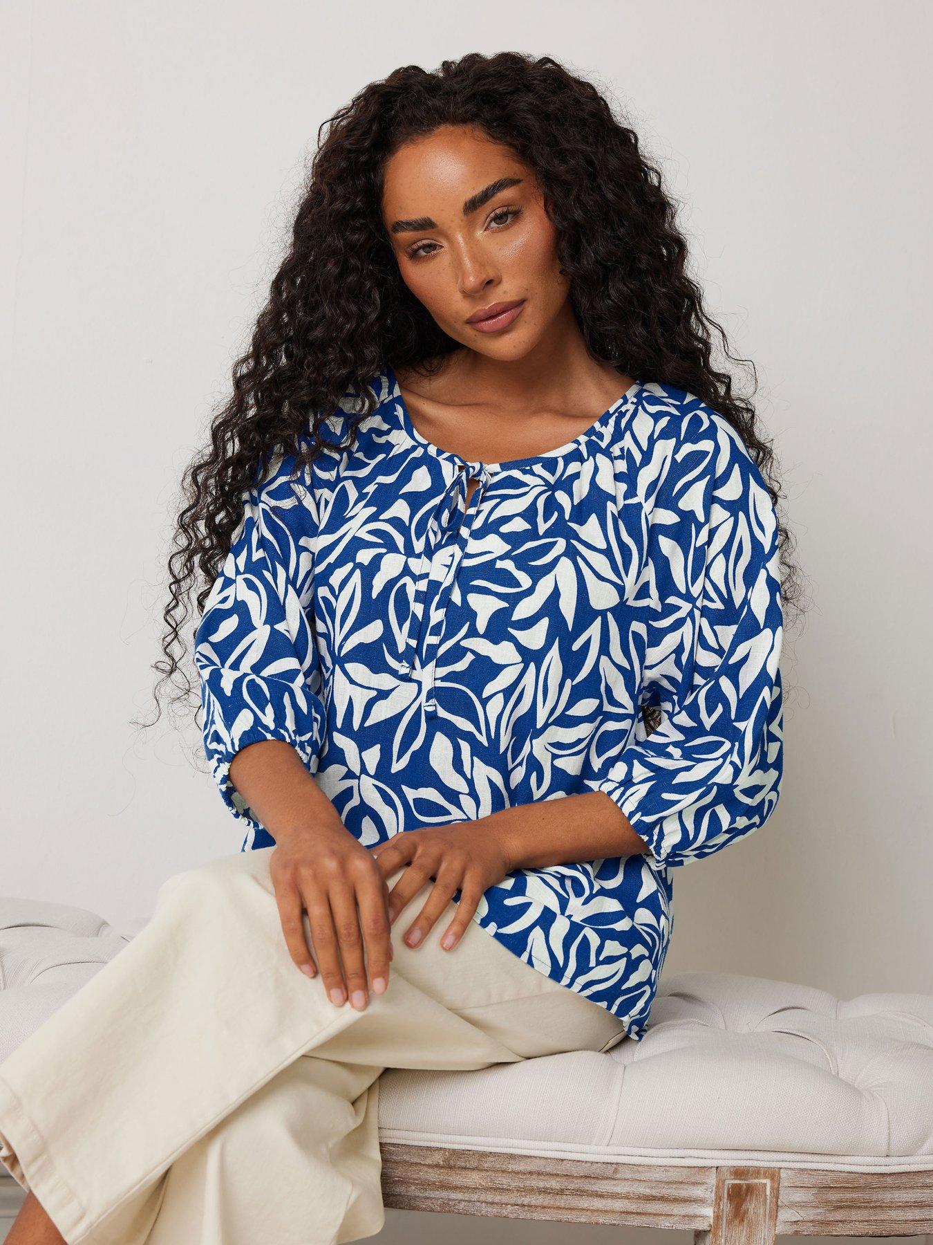 Image 1 of 3 of M&Co Petite Petite Long Sleeve Tie Neck Top - Blue
