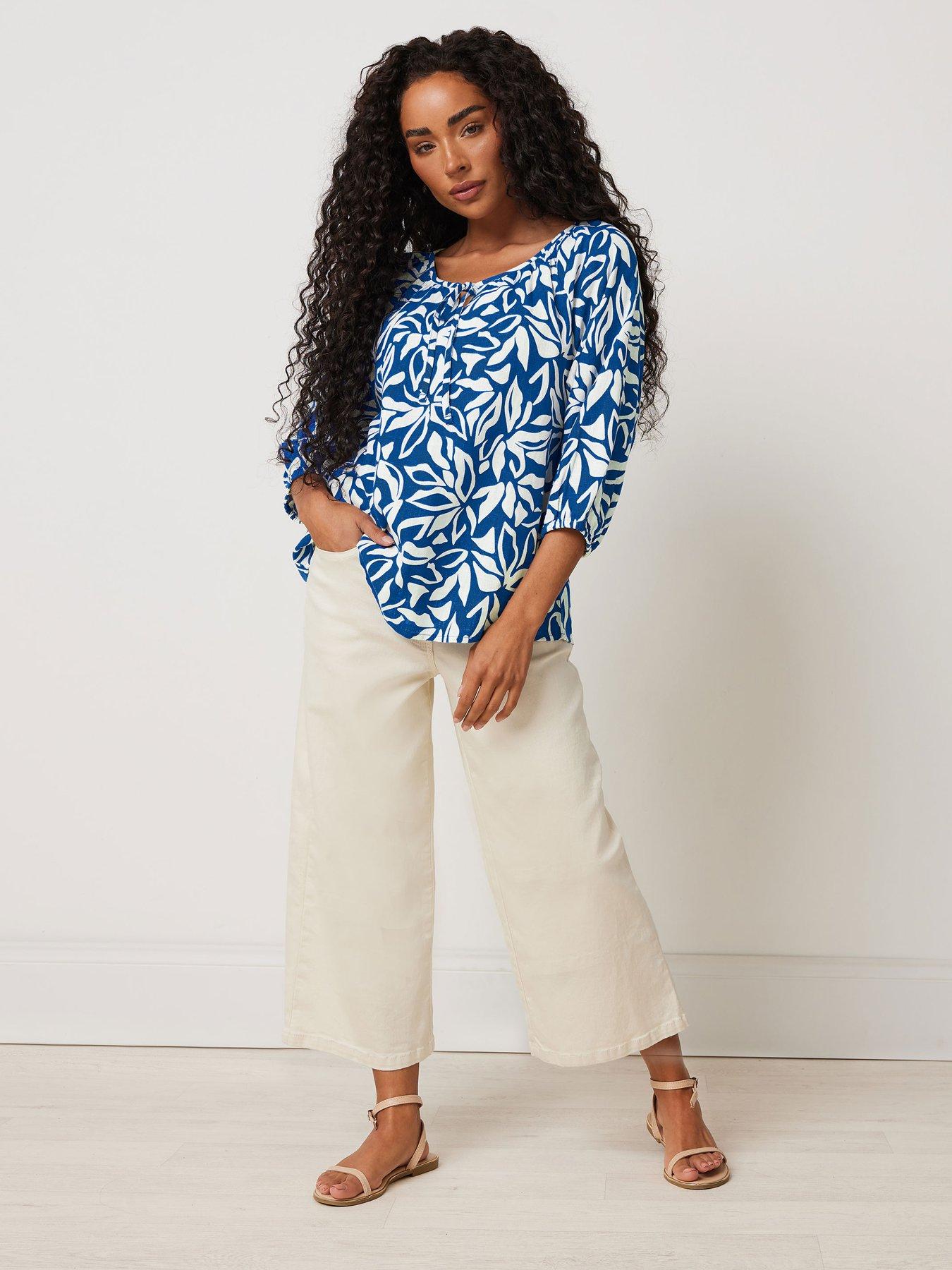 Image 3 of 3 of M&Co Petite Petite Long Sleeve Tie Neck Top - Blue