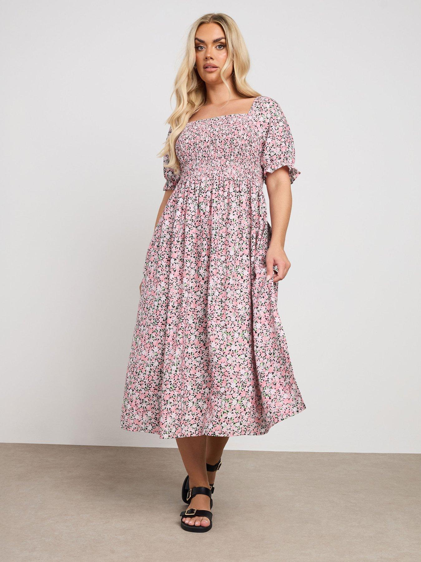 Image 1 of 4 of Yours Curve Shirred Square Neck Midaxi Dress