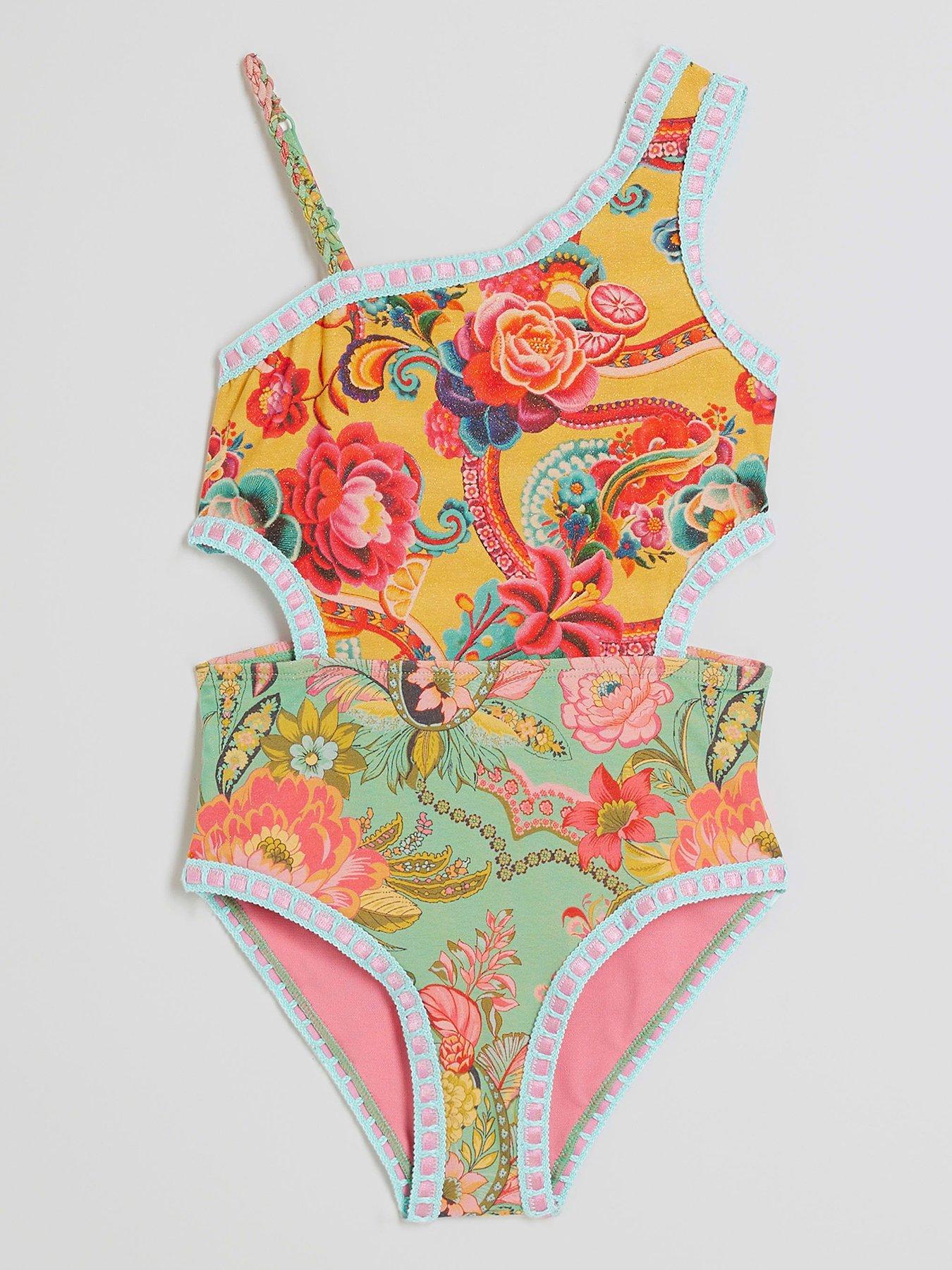 undefined Girls Floral Del Maar Cut Out Swimsuit - Yellow