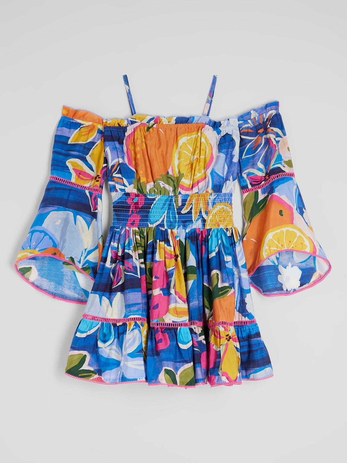 undefined Older Girl Fruit Print Bardot Dress - Blue