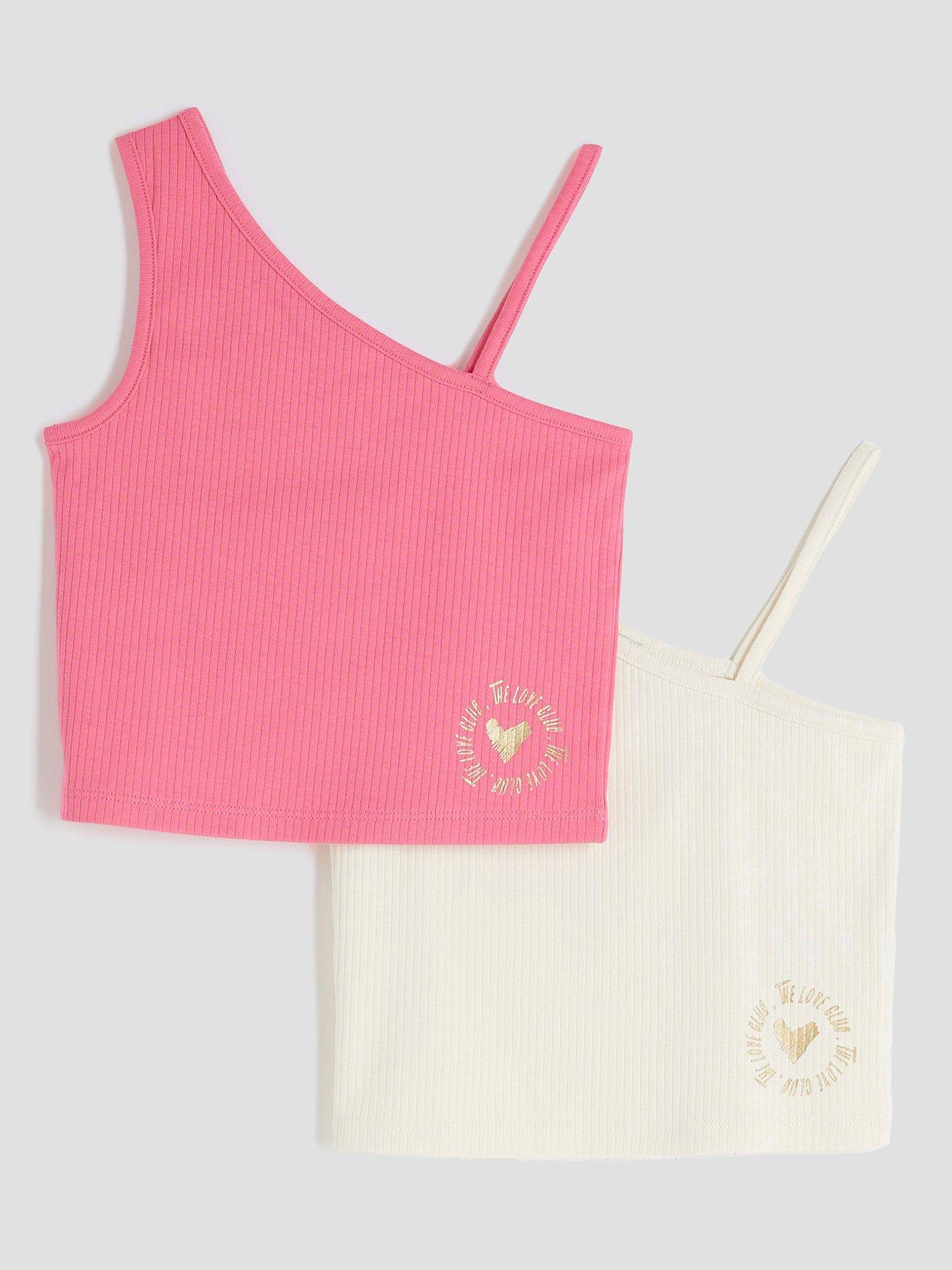 undefined Girls 2 Pack One Shoulder Tank Tops - Cream/Pink