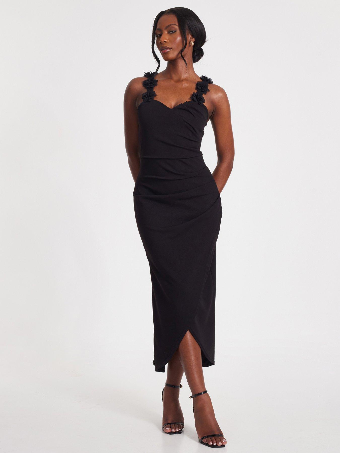 Image 1 of 6 of Quiz Black Floral Trim Midaxi Dress